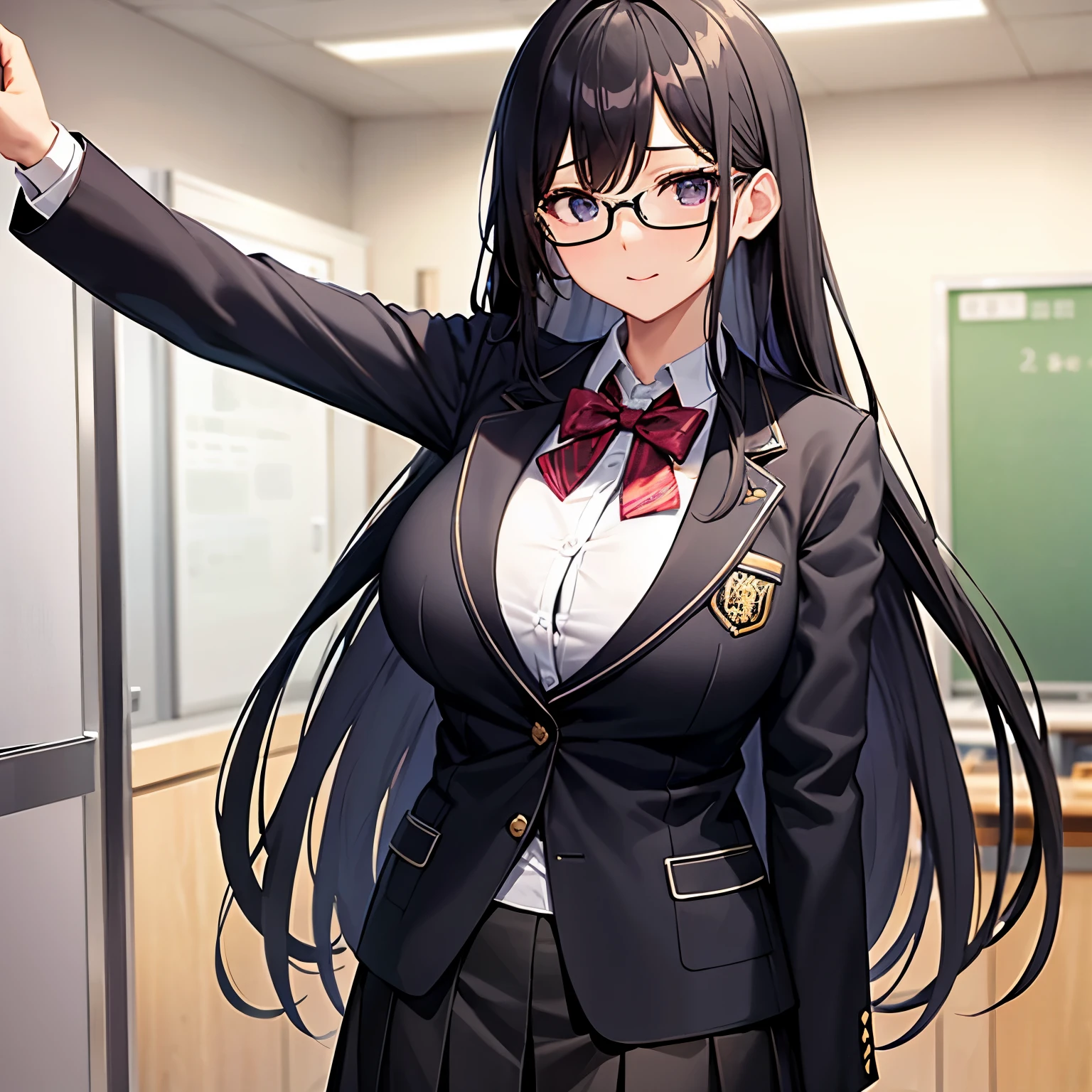 Long black hair and big breasts、A high school girl wearing glasses stands at the entrance of the classroom。Uniform is blazer。