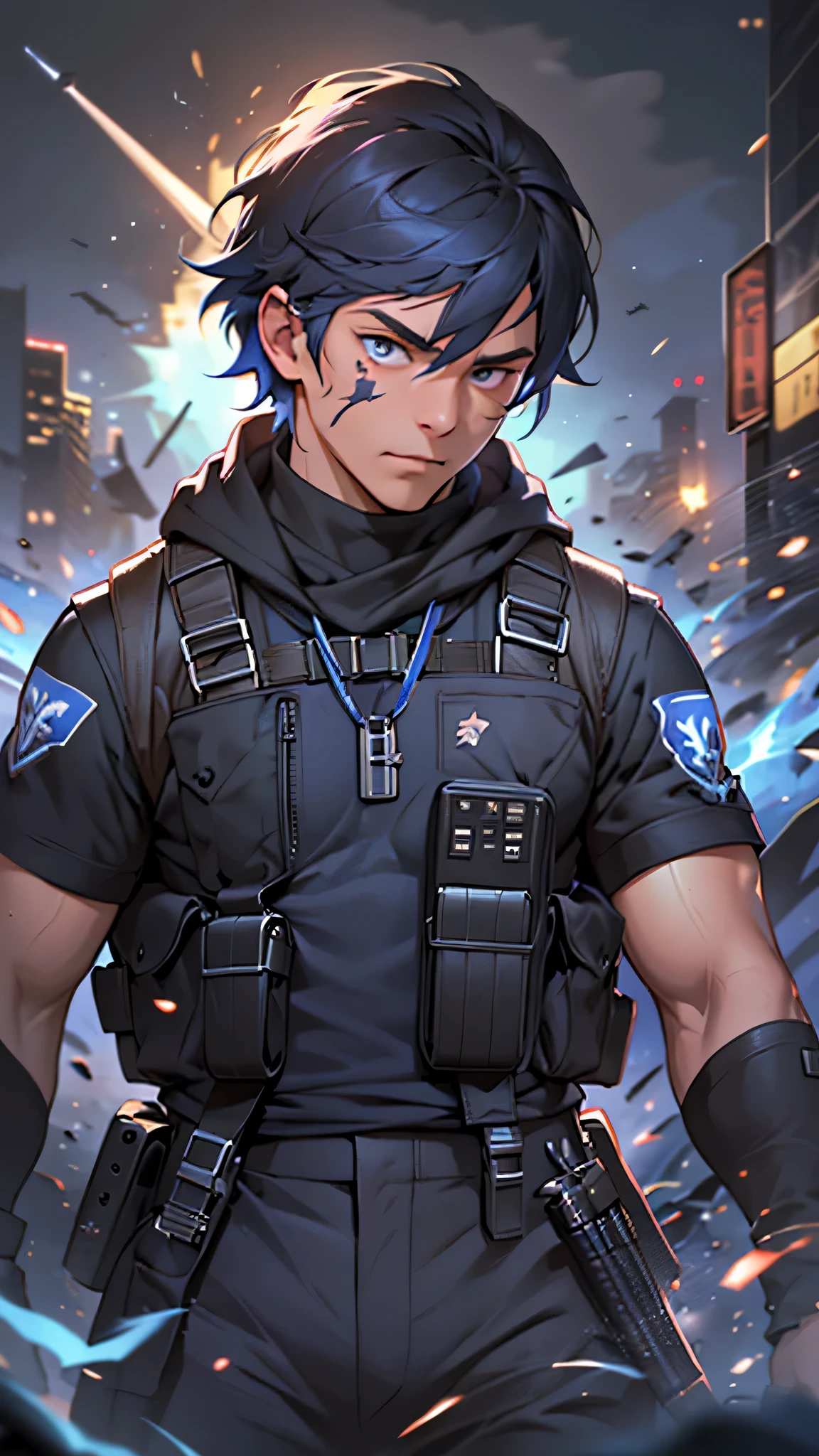 最high quality、best image quality、masterpiece、male person((25 years old、 muscular、Black Short Sleeve T-Shirt、black long pants、black haired、発光するeye、shout、eye、Kiai Pose、Hold an assault rifle、bulletproof vest、shooter(1:3))high quality、beautiful art、With background((Tattered city、battlefield,big explosion、missile air attack))、table top、elaborate design、visual art
