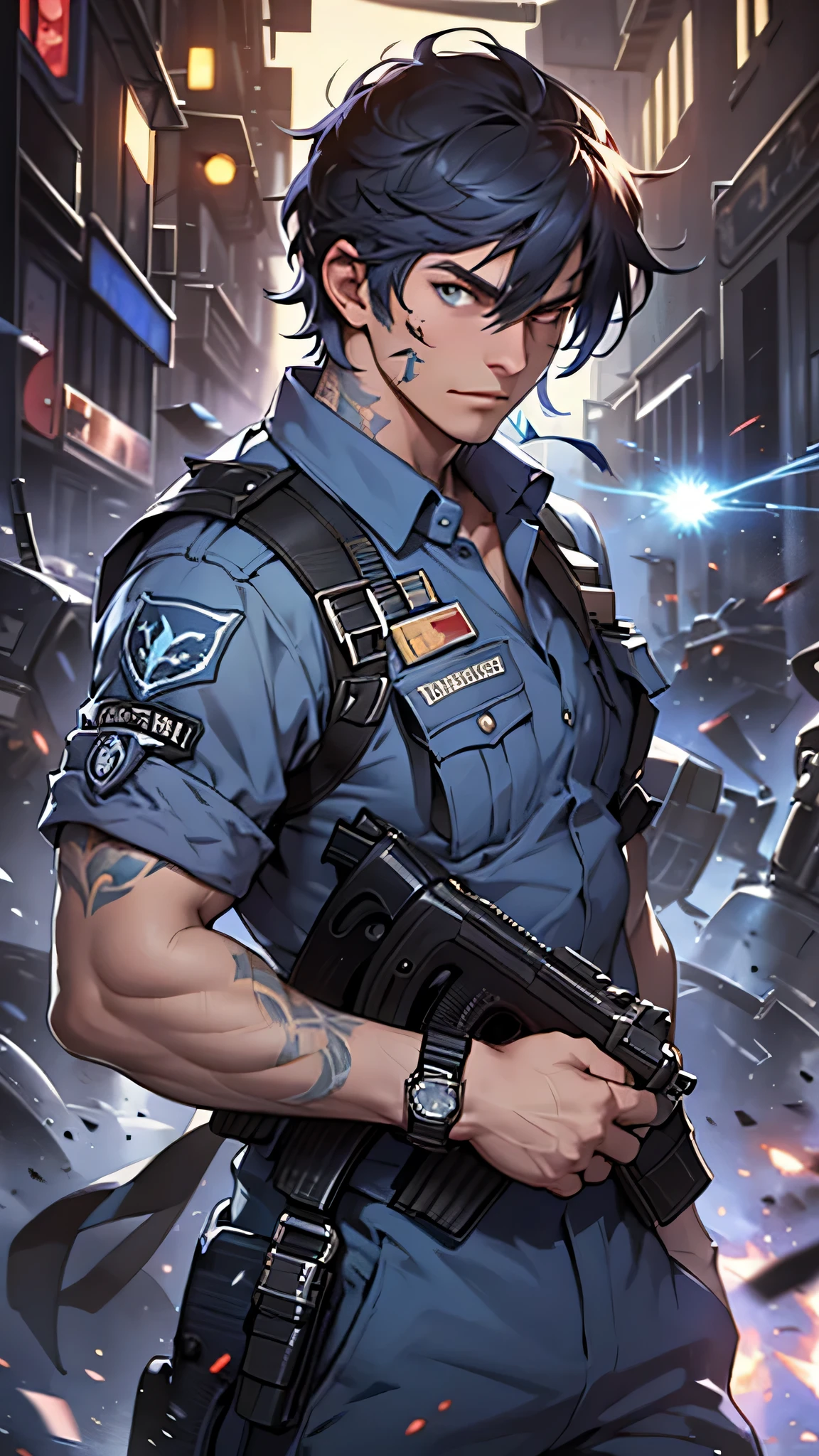 最high quality、best image quality、masterpiece、male person((25 years old、 muscular、Black Short Sleeve T-Shirt、black long pants、black haired、発光するeye、shout、eye、Kiai Pose、Hold an assault rifle、bulletproof vest、shooter(1:3))high quality、beautiful art、With background((Tattered city、battlefield,big explosion、missile air attack))、table top、elaborate design、visual art
