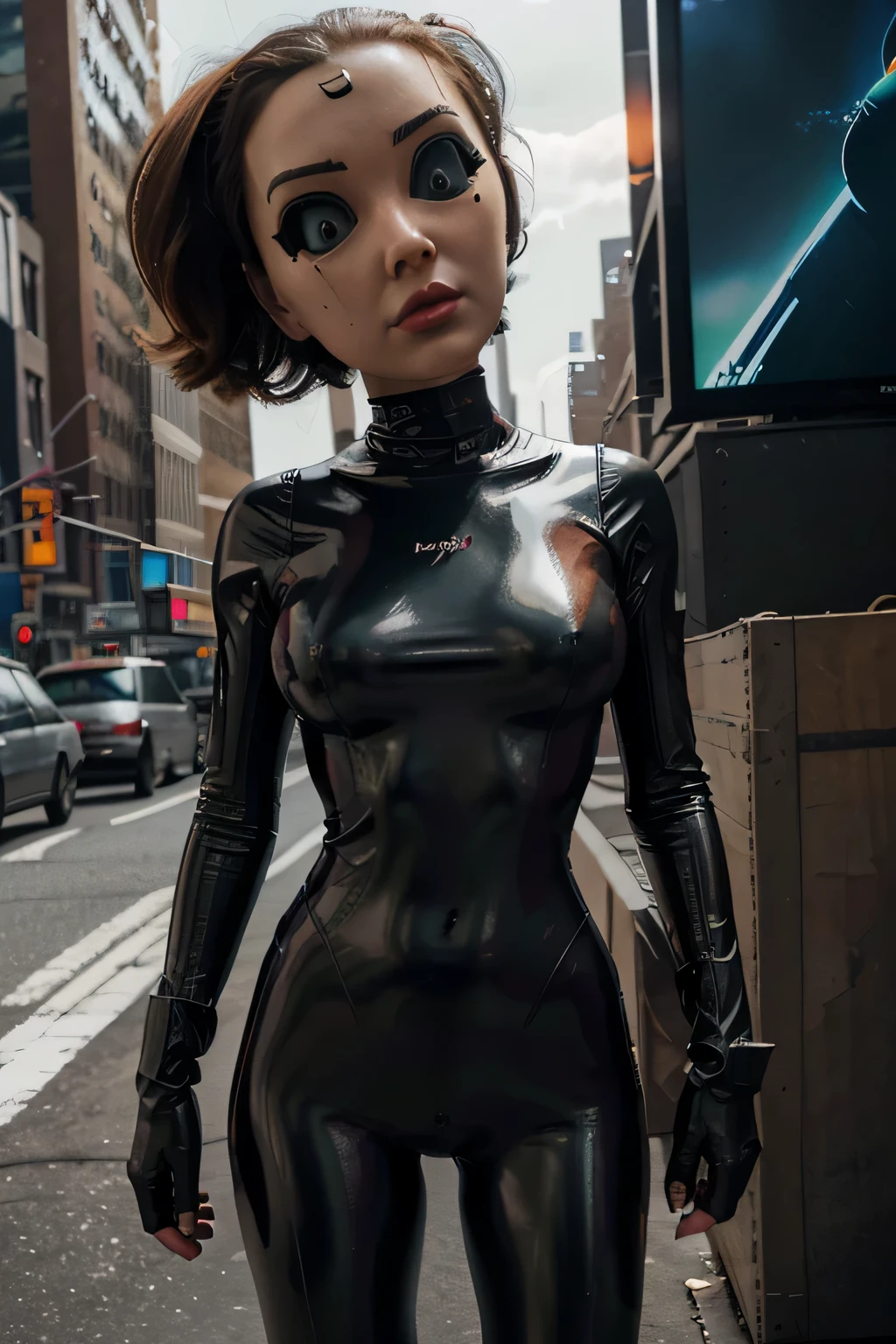 Un dibujo animado plano moderno Loco con un Big ONE, un robot con un solo ojo y un casco estilo Rocketeer, pinzas en las manos, television head, cabeza de alfiler, camuflaje rojo oxidado, Environment in a super detailed New York City., centro, hermoso, soft lighting, centrado en el personaje, 4k resolution, renderizado fotorrealista.