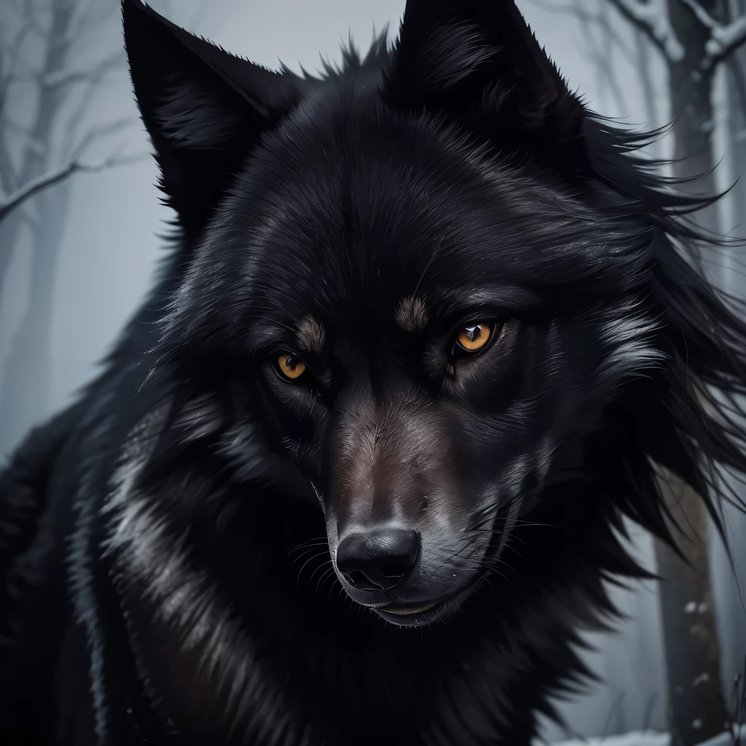 Create a serene and calm black wolf facing the screen, its matte fur exuding tranquility. Capture the essence of a composed and contemplative demeanor, allowing the viewer to connect with the wolf's quiet strength and peaceful presence