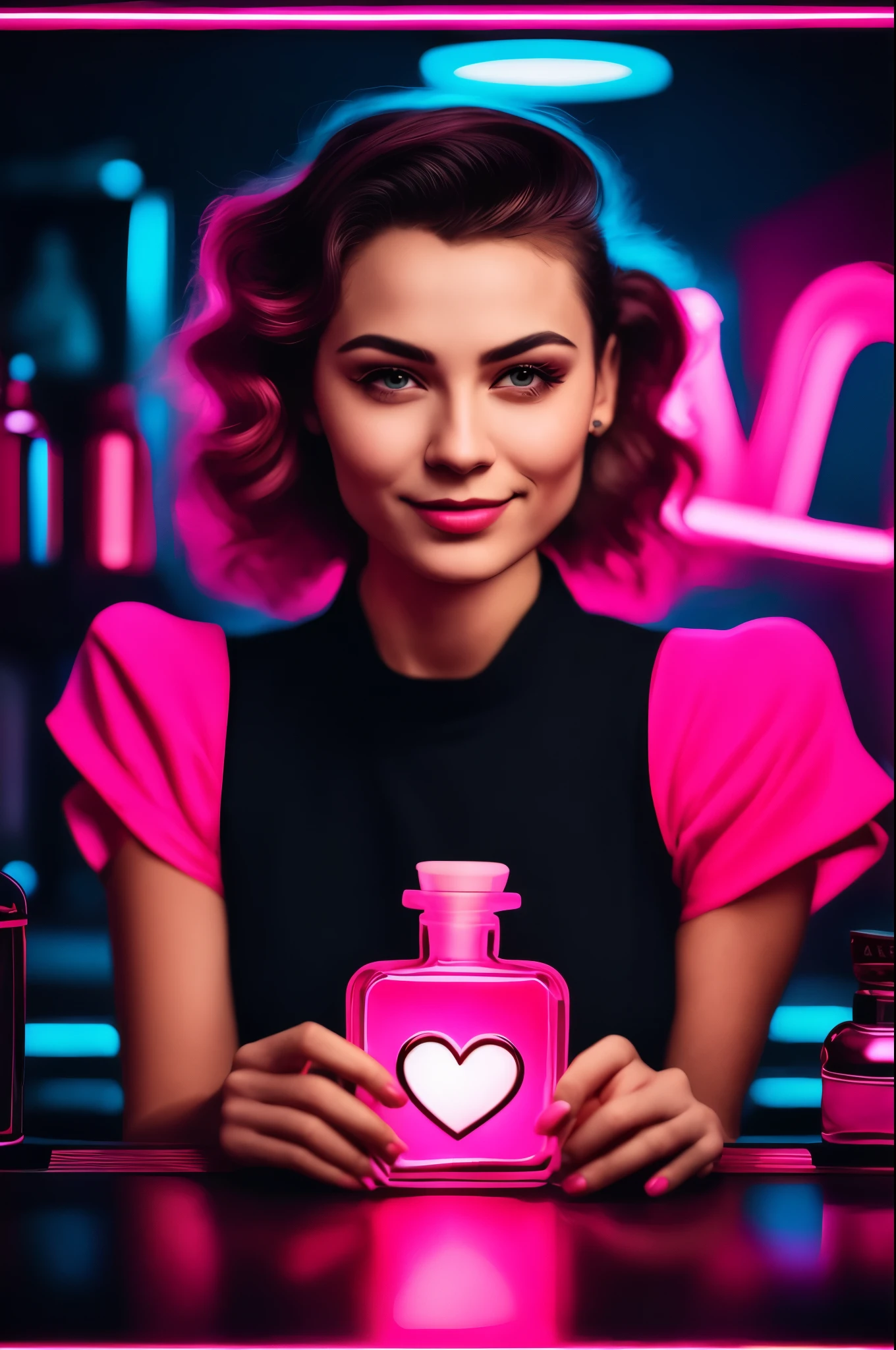 blurred image of a woman holding a pink bottle with a heart, with neon lights, Rosa neon,  Pink Neon Lights, Rosa neon and black color scheme, black neon, neon lights in the background, rosto rosa brilhante, carregando um frasco de perfume, with neon night dots, Anna Nikonova aka Newmilky, Rosa quente