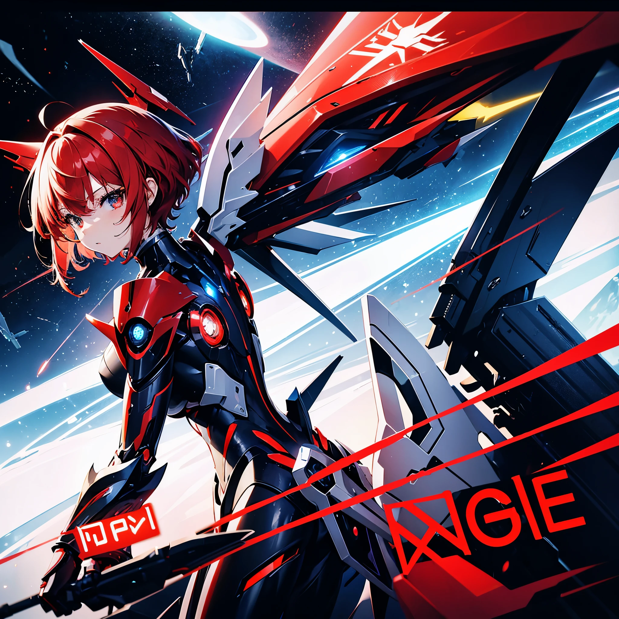 1 girl, angel, mecha musume, futuristic suite, red mecha wing, red mecha body suite enhanced with sleek, discharging aura, space, A futuristic anime-style depiction, masterpiece, best quality, red hair, short hair, high-tech details, high-tech elements typical of a future world,