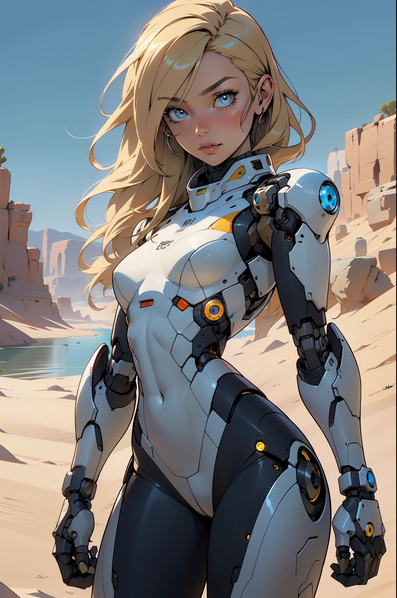 high quality, 4k, masterpiece, beautiful, cyborg girl, cowboy shot, dull eyes, looking at viewer, long blonde hair, girl, small breasts, slim thighs, robotic arms, robotic body, cyborg body, yellow accent, intricate detail, joint, detailed lines, robotic detail, holding fist up, holding hand up as fist, color robotic parts, robotic parts with color, perfect fingers, on a desert planet, sunny background, colorful desert, a river or a lake in the background