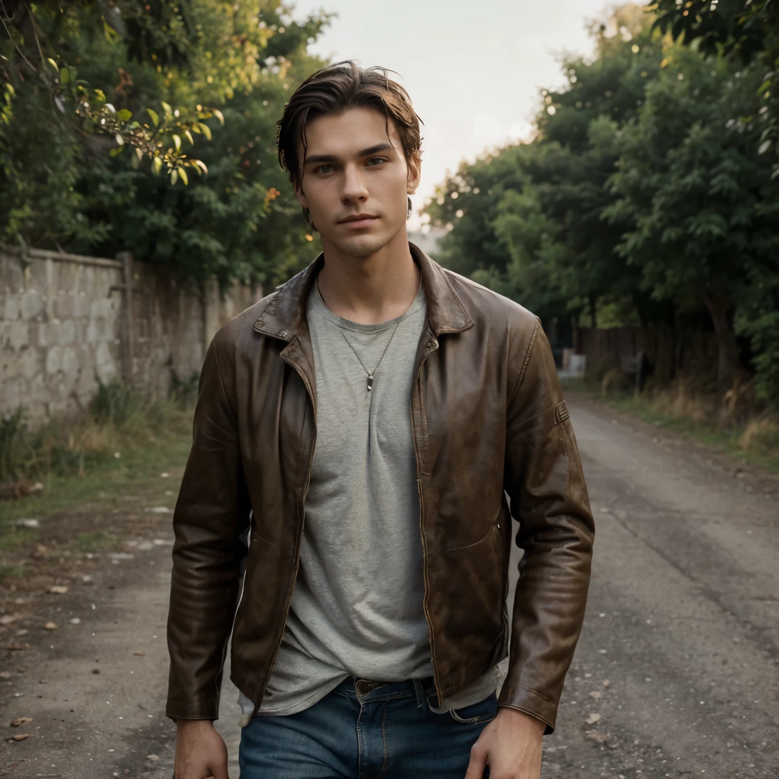 Alex is a tall, lean young man in his mid-20s with a rugged appearance. He has tousled dark hair that falls just above his shoulders, framing a strong jawline and piercing green eyes that seem to hold a hint of mystery. His olive skin is lightly tanned from spending time outdoors, and he has a few faint scars on his cheek from past adventures.He prefers wearing comfortable, practical clothing like a well-worn leather jacket over a simple t-shirt and faded jeans. Alex always carries a weathered backpack slung over his shoulder, filled with essentials for his spontaneous travels through time.