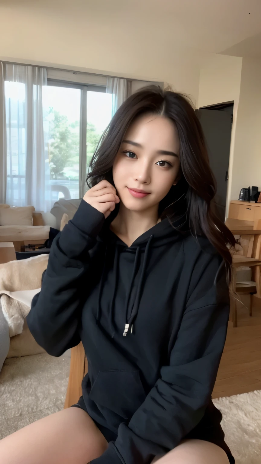 A close up of a woman sitting on a couch wearing a black hoodie - SeaArt AI