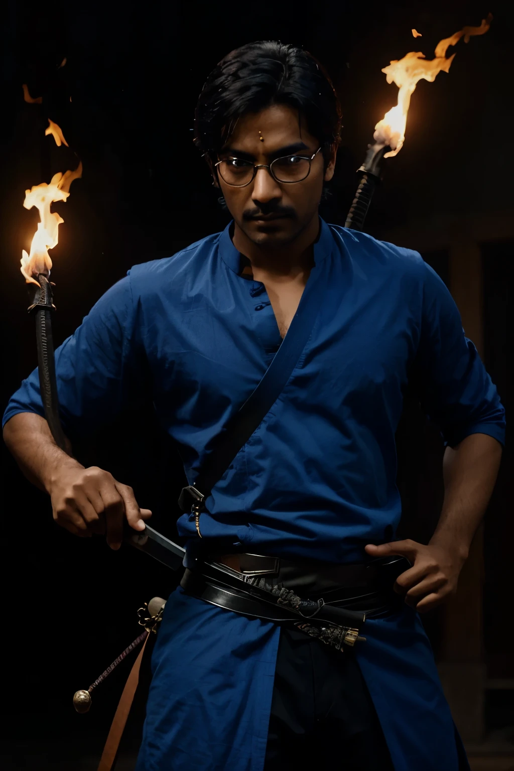 an indian guy with a katana in blue flame with a black coloured handle with a cool spectacles in his eyes with flames in the background