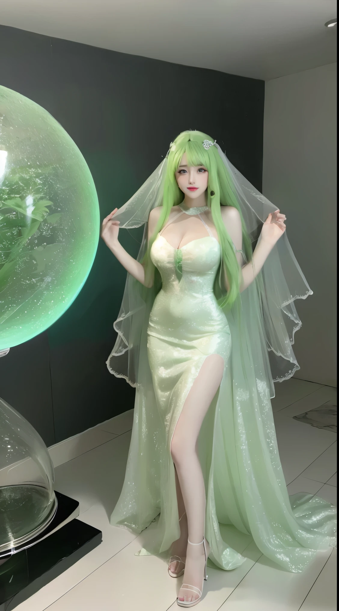 8k, Surreal, masterpiece, best quality, Super detailed, high resolution, random background, 1個Giant Breast Girl, (:1.5), Willow Yao, translucent dress，whole body，High heel，whole body，green hair，translucent wedding dress，Room