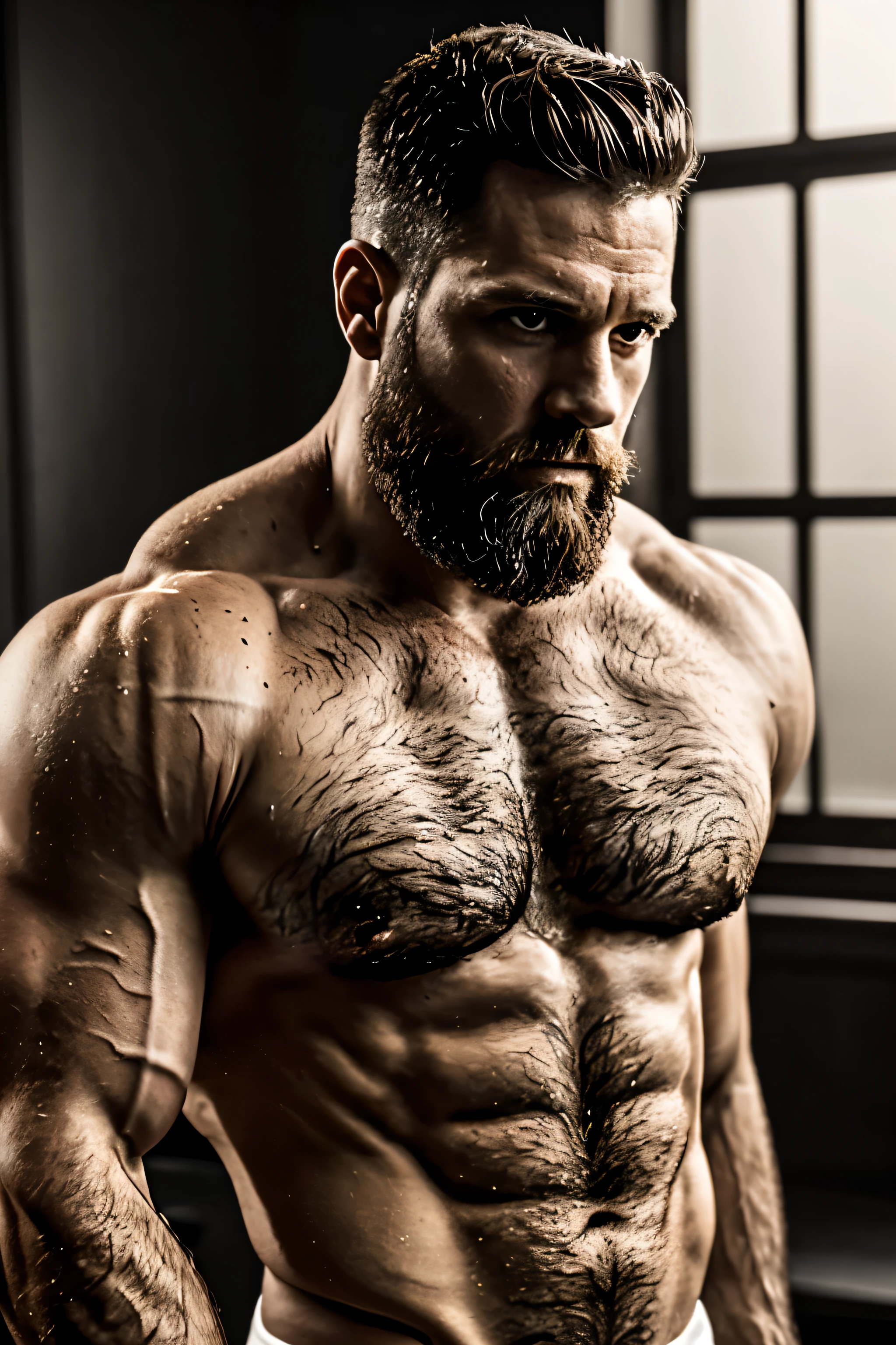 A portrait of a muscular 40 year old man., vistiendo una camiseta blanca y estando desnudo, provocativo, (Mejor calidad, 4k, high resolution, Obra maestra:1.2), ultra detallado, (Realista, photoRealista:1.37), Estructura corporal fuerte, defined muscles, mirada intensa, Robust features, abdominales esculpidos, dramatic lighting, pose seductora, colores vibrantes, Hiperrealismo, 8K, barbado, masculino.