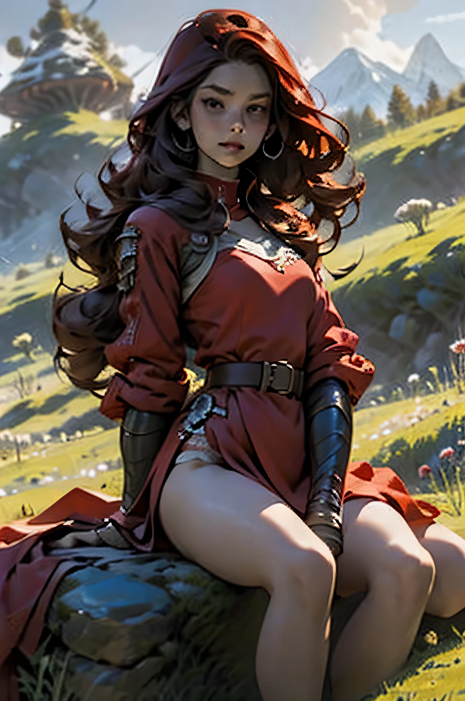 Beautiful woman with long red hair，red clothing，brown belt，sit on stone，Holding a long sword，dark night，mountains behind you，There is a horse beside you