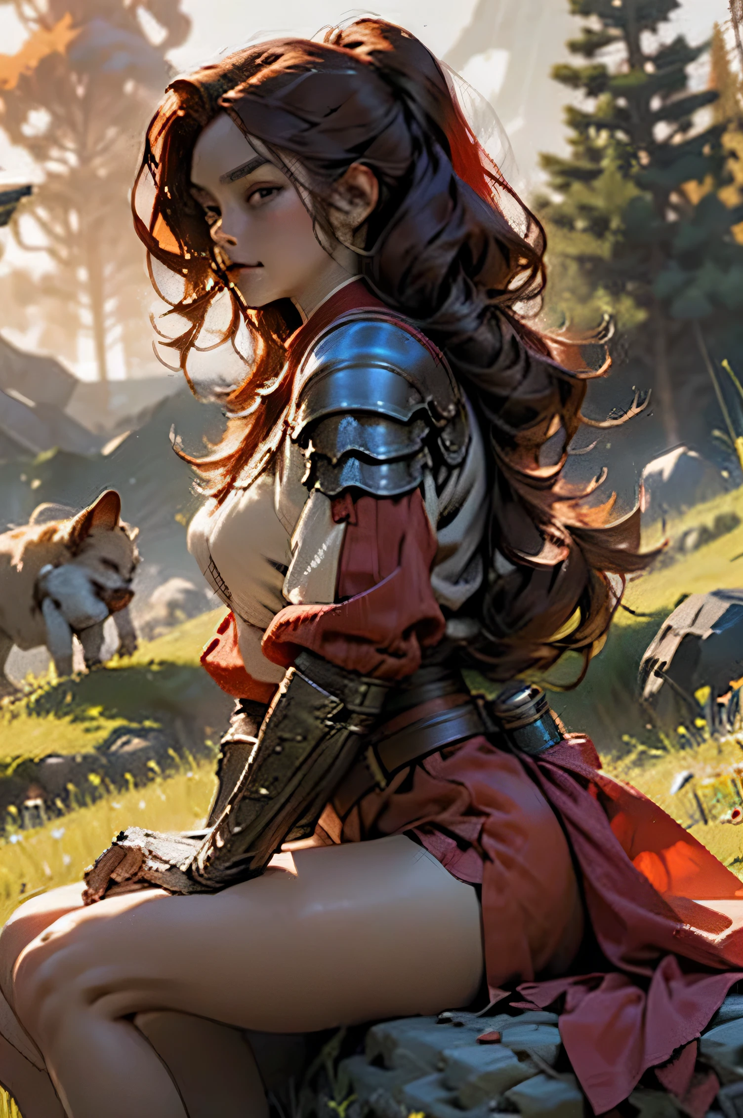 Beautiful woman with long red hair,red clothing,brown belt,sit on stone,Holding a long sword,dark night,mountains behind you,There is a horse beside you