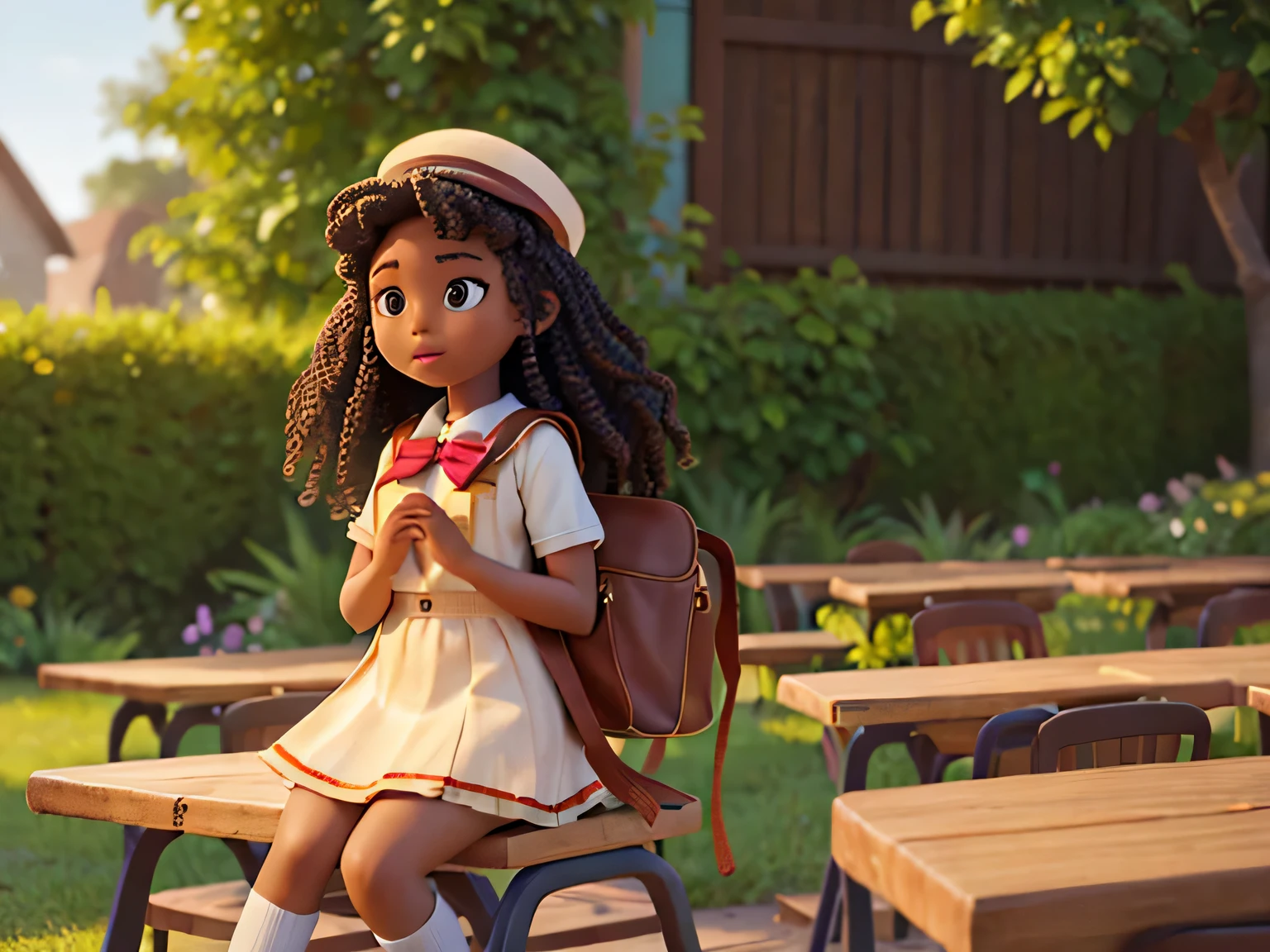 (african american girl,school uniform,fashion illustration,back bag:1.1,fresh skin, sitting on chair to revise their lesson garden),(best quality,8k,highres,masterpiece:1.2),ultra-detailed,realistic,portrait,studio lighting,vivid colors,sharp focus,physically-based rendering,long curly hair,beautiful detailed eyes,beautiful detailed lips, ( good hands and face )