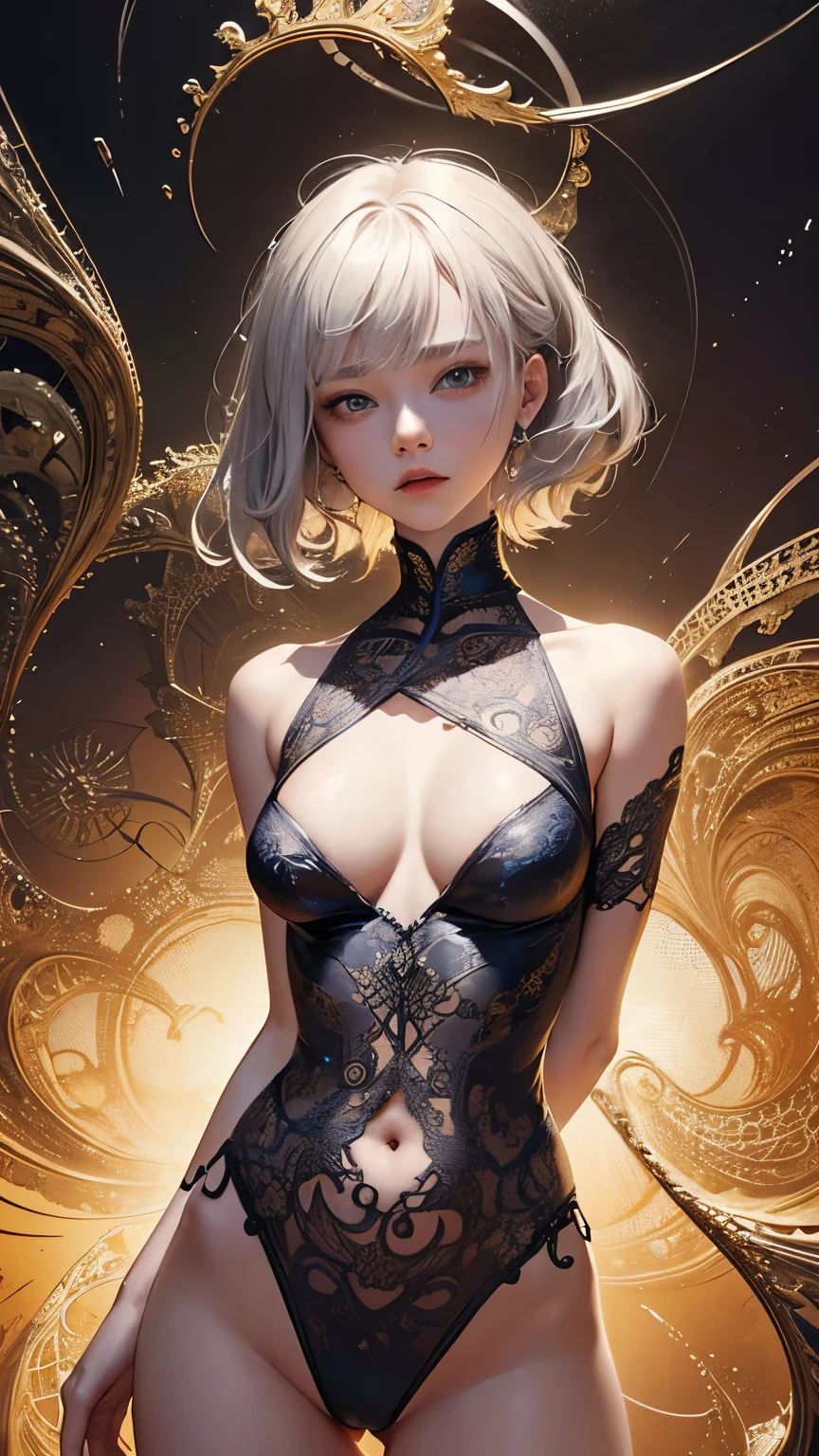 official art, unity 8k wallpaper, ultra detailed, beautiful and aesthetic, masterpiece, best quality, (zentangle, mandala, tangle, entangle), (fractal art:1.6) , 1girl, extremely detailed, dynamic angle, cowboyshot, the most beautiful form of chaos, elegant, a brutalist designed, vivid colours, romanticism, by james jean, roby dwi antono, ross tran, francis bacon, michal mraz, adrian ghenie, petra cortright, gerhard richter, takato yamamoto, ashley wood, atmospheric, ecstasy of musical notes, streaming musical notes visible,cool beauty,tall woman,short hair,silver hair,blue eyes,Precisely expresses details such as face and skin texture,beautiful eye, double eyelid,delicate skin,slender body shape,alone,big breasts,