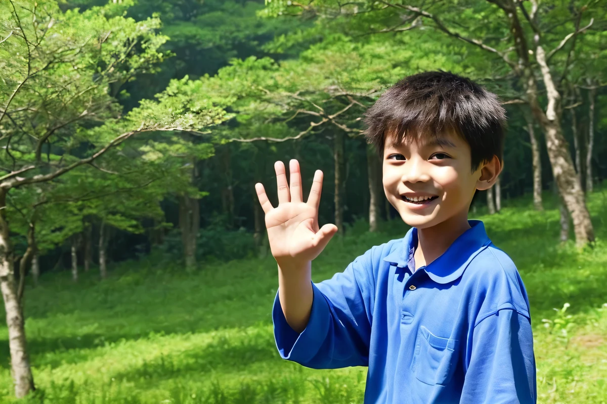 Wearing a blue shirt11Oldboy、wave to me。The background features a beautiful forest and happy animals..。