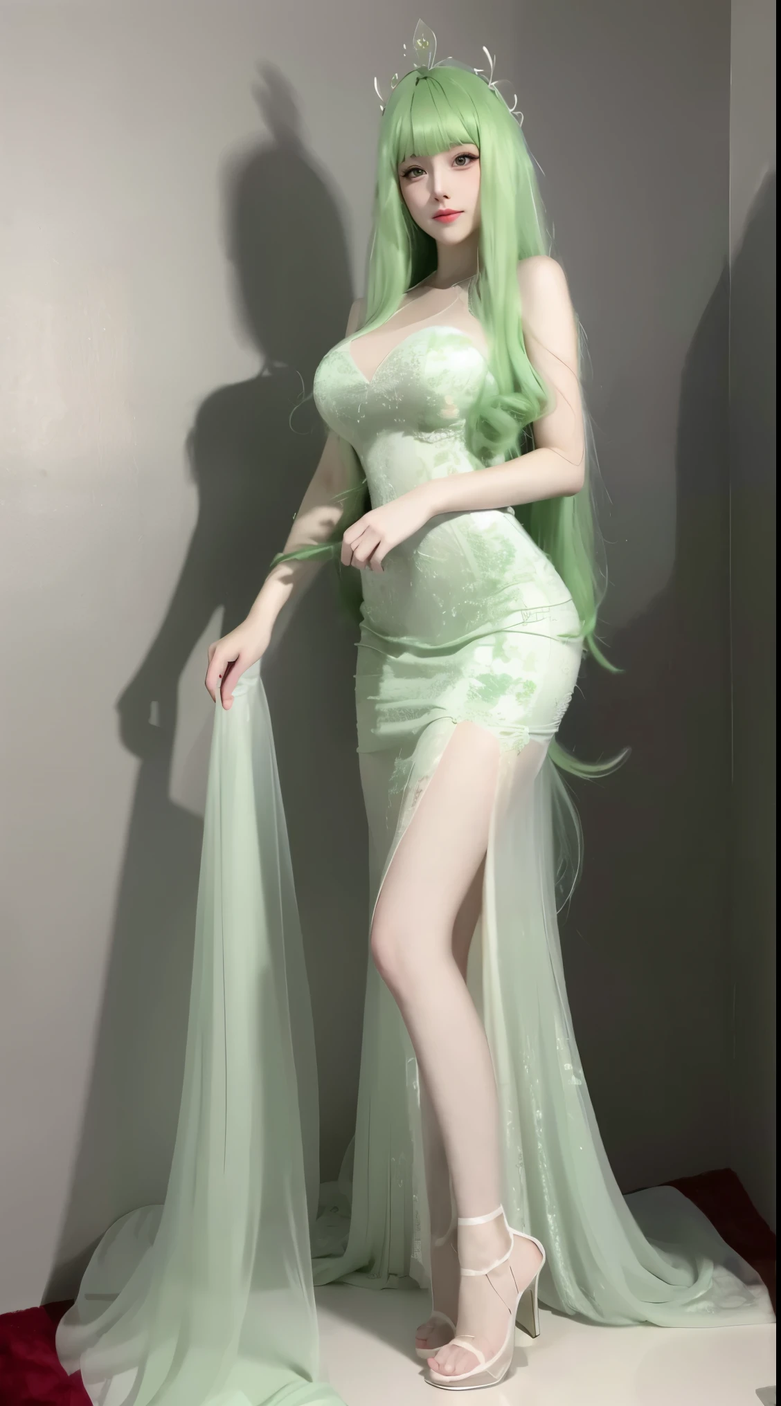 8k, Surreal, masterpiece, best quality, Super detailed, high resolution, random background, 1個Giant Breast Girl, (:1.5), Willow Yao, Green period costume,translucent,green hair,stand,whole body,High heel,High heel,whole body,