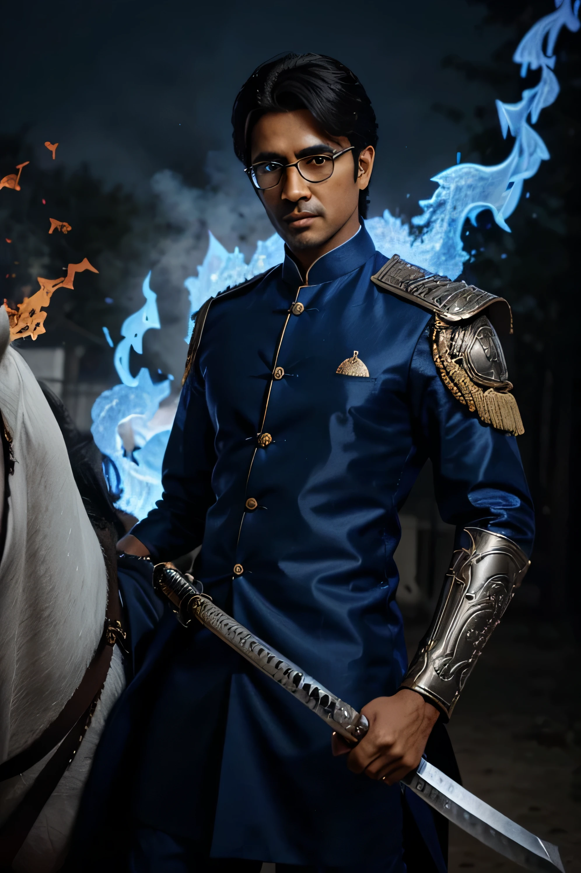 an indian guy with a katana in blue flame with a black coloured handle with a cool spectacles in his eyes with flames in the background . he should be wearing a sherwani and his horse should be of white colour wearing armour