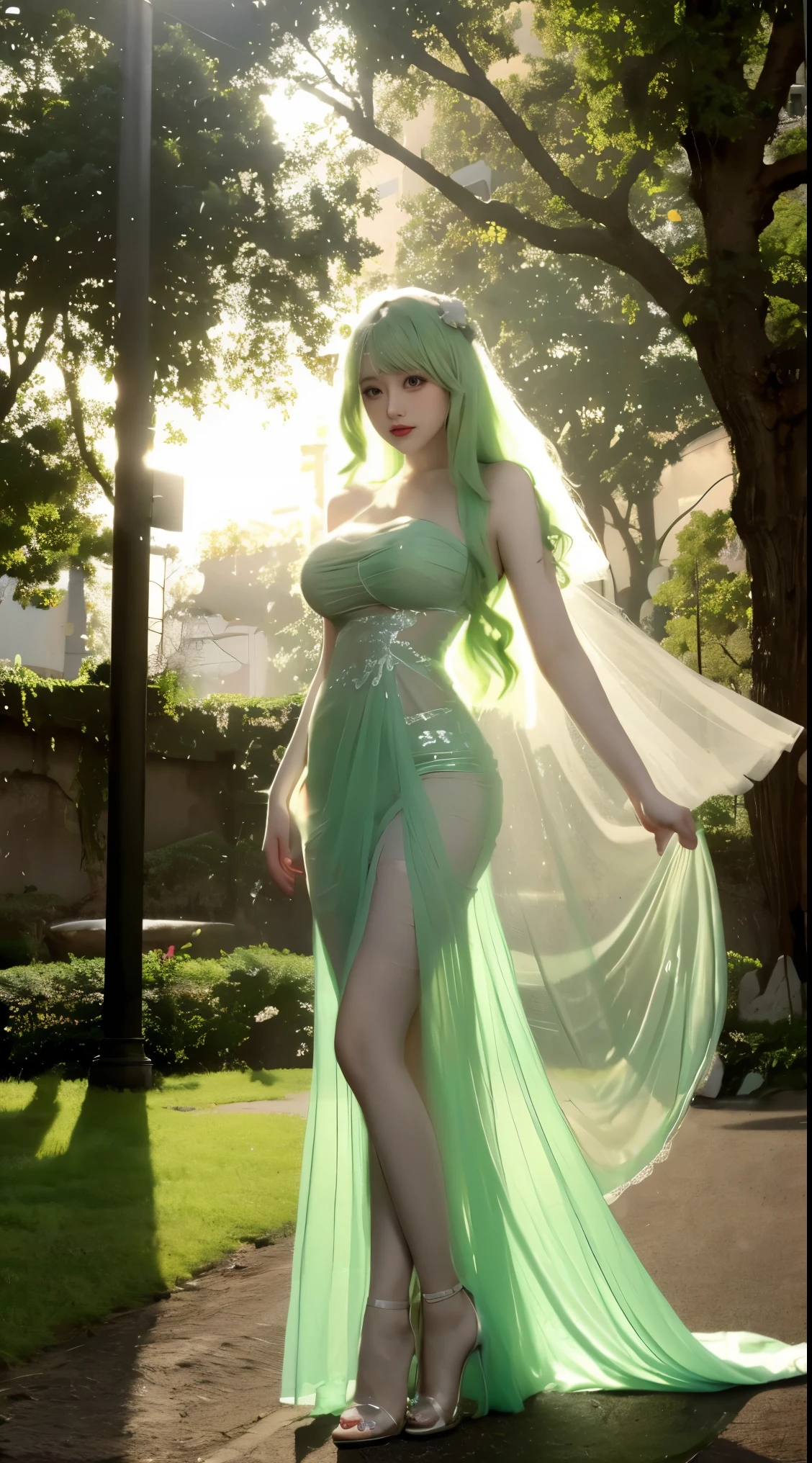 8k, Surreal, masterpiece, best quality, Super detailed, high resolution, random background, 1個Giant Breast Girl, (:1.5), Willow Yao, translucent dress，whole body，High heel，whole body，green hair，translucent wedding dress，garden