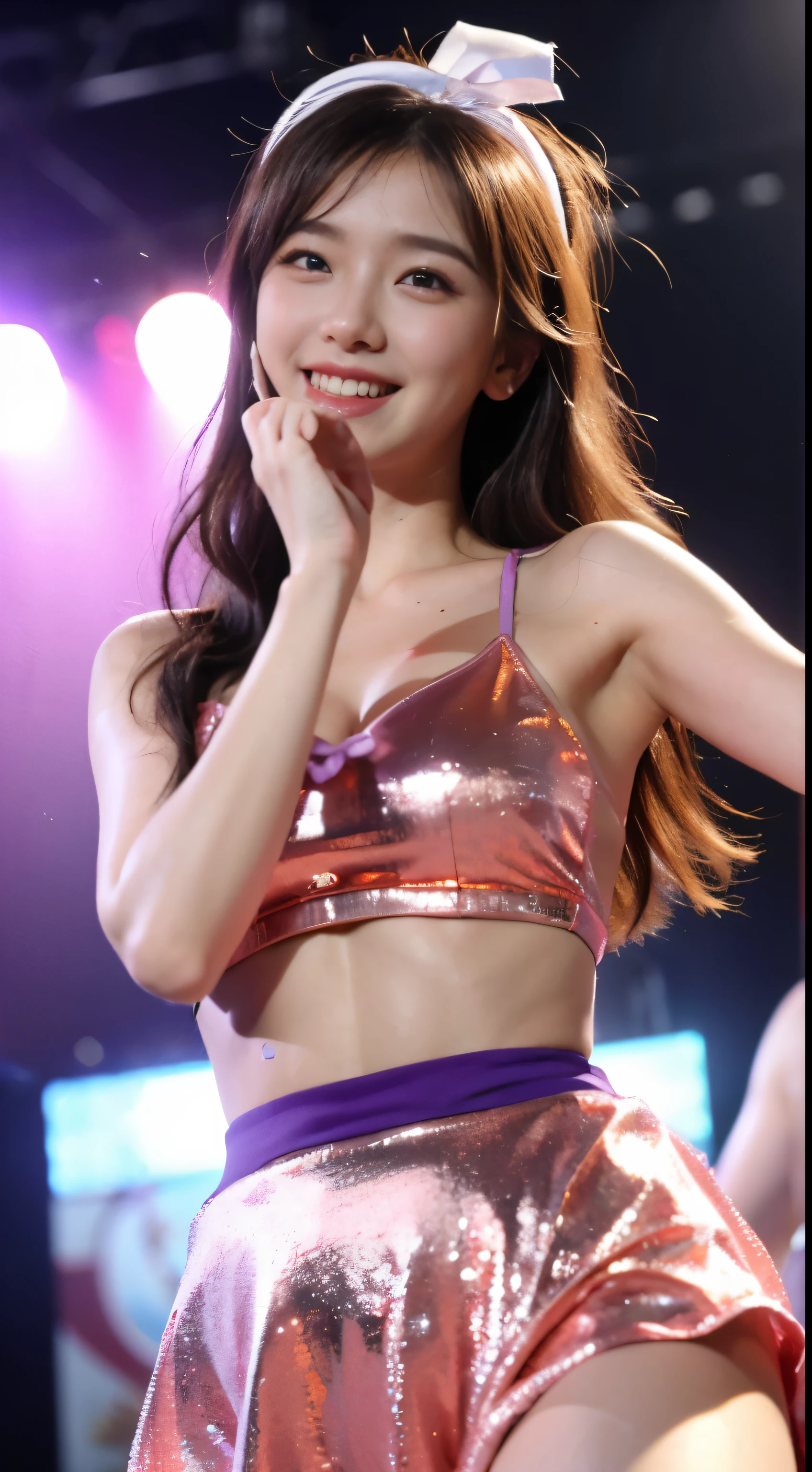 ((masterpiece、highest quality))、shape、Ultra detailed 8K、realistic、sharp focus、very detailed、professional lighting、colorful details、detailed face、detailed expression、(close up of face)、Euphoric look、((smile))、((sweating))、((ta costume:1.2))、pink and purple、ribbon、head band、super cute woman、Part of an idol group、(((Dancing at concerts)))、Hair is moving、looking at camera、Spotlight、18-year-old、shine、intricate details、Shitsumeka、1 A girl is in front of the audience..、belly button、