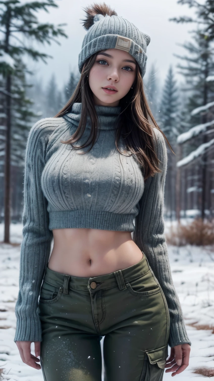 Create a photorealistic image of a captivating American army woman stationed in a winter landscape. Envision her clad in a stylish short top, army pants, and a snug beanie, exuding confidence and resilience against the cold. Large hips, big breasts, hot look. Picture her amidst a snowy terrain, with evergreen trees dusted in snow, and soft flakes falling around her. Capture the essence of her beauty, strength, and determination in this wintry setting. ((Photorealistic: 1.8)), ((High quality: 1.6)), real, absolute reality, realistic, 4k, real face, realistic face, American girl, detailed cloth