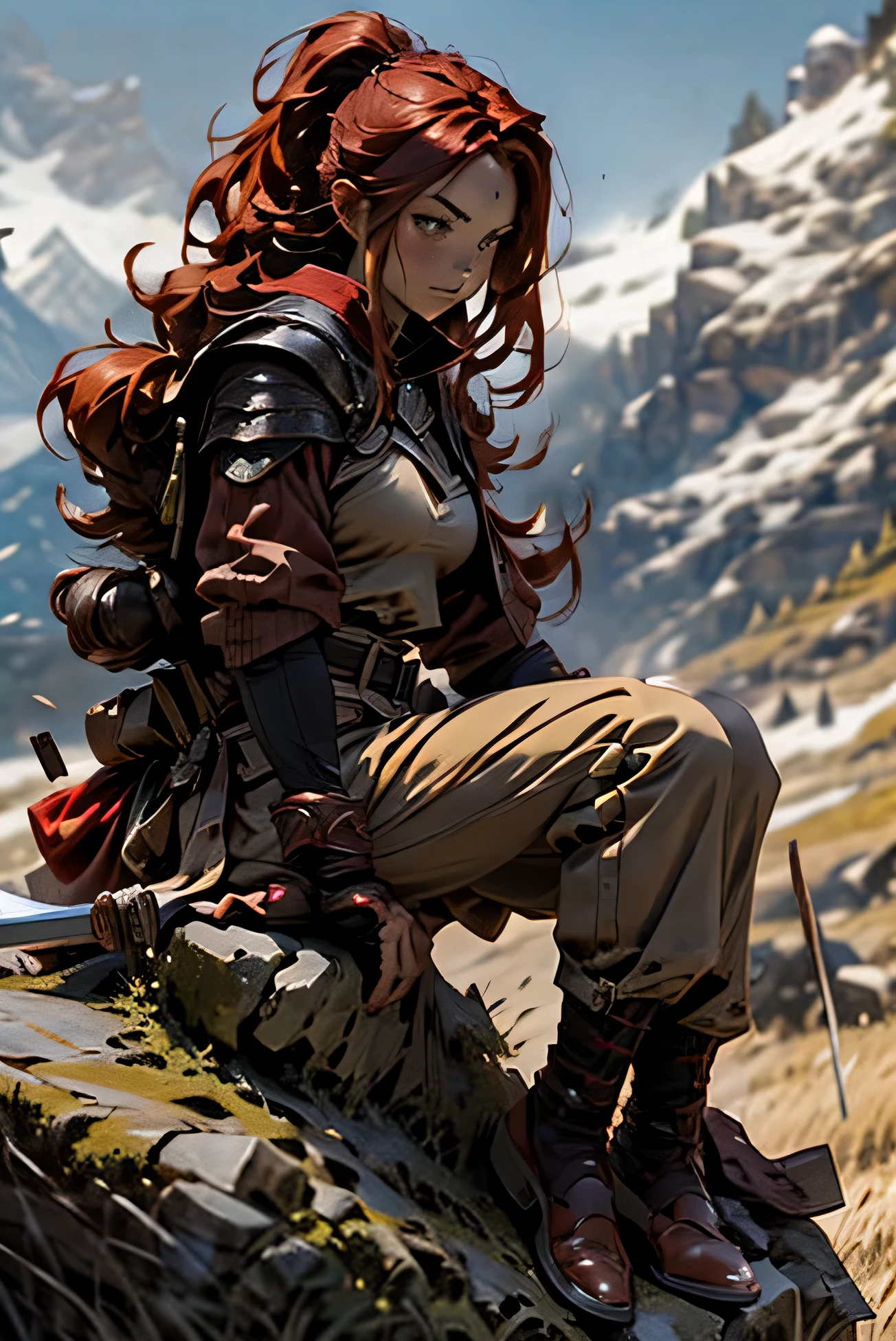 Beautiful woman with long red hair，red clothing，brown belt，sit on stone，Holding a long sword，dark night，mountains behind you，There is a horse beside you