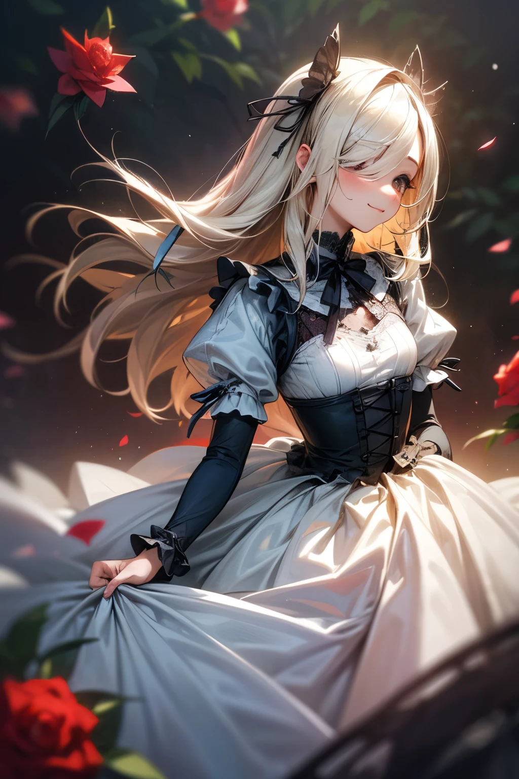 ((Masterpiece)), ((best quality)), (Professional Photography:1.2), (RAW photo: 1.2), (Realistic:1.3), 8K, from side, wide shot, Textured skin, cinematic lighting, 1girl, ((Beautiful Gothic Lolita pure-white-Dresses)), (very hoop-dress), Luxury roses embroidery, cute innocent young girl, ((hair over one eye)), Slender and small breasts, (long silky blond hair), (gothic lolita makeup), beautiful hair, smile, (blush), Light particles, ((Lift the skirt with hand)), in beautiful Fantastic garden, (red roses garden)