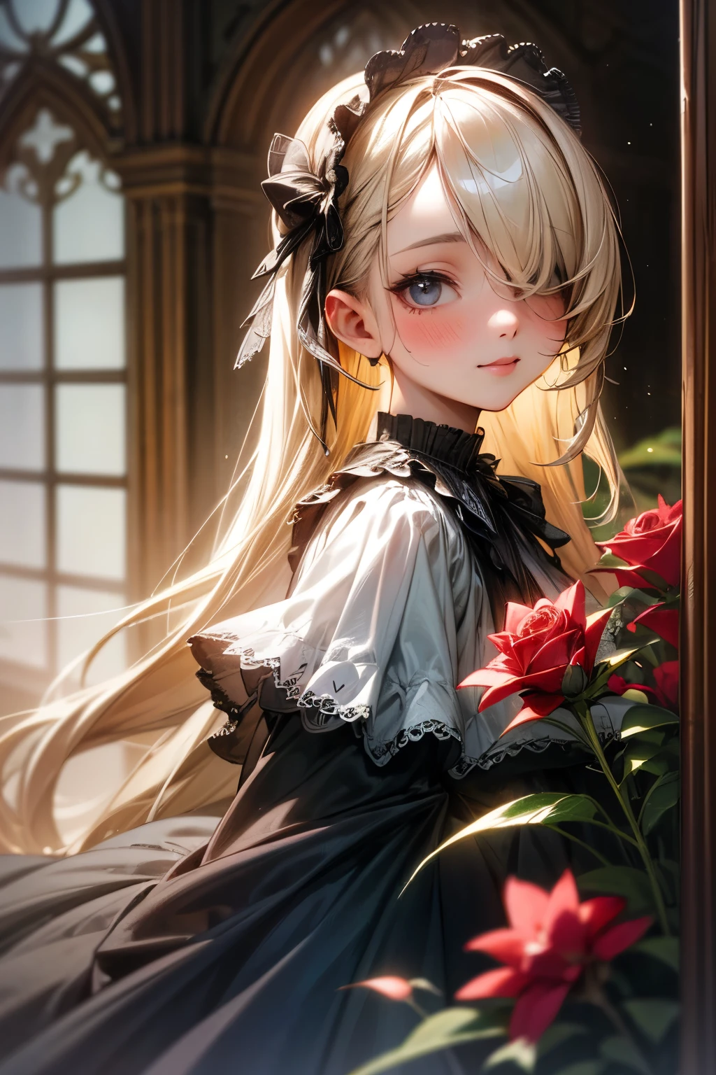 ((Masterpiece)), ((best quality)), (Professional Photography:1.2), (RAW photo: 1.2), (Realistic:1.3), 8K, from side, wide shot, Textured skin, cinematic lighting, 1girl, ((Beautiful Gothic Lolita pure-white-Dresses)), (very hoop-dress), Luxury roses embroidery, cute innocent young girl, ((hair over one eye)), Slender and small breasts, (long silky blond hair), (gothic lolita makeup), beautiful hair, smile, (blush), Light particles, ((Lift the skirt with hand)), in beautiful Fantastic garden, (red roses garden)