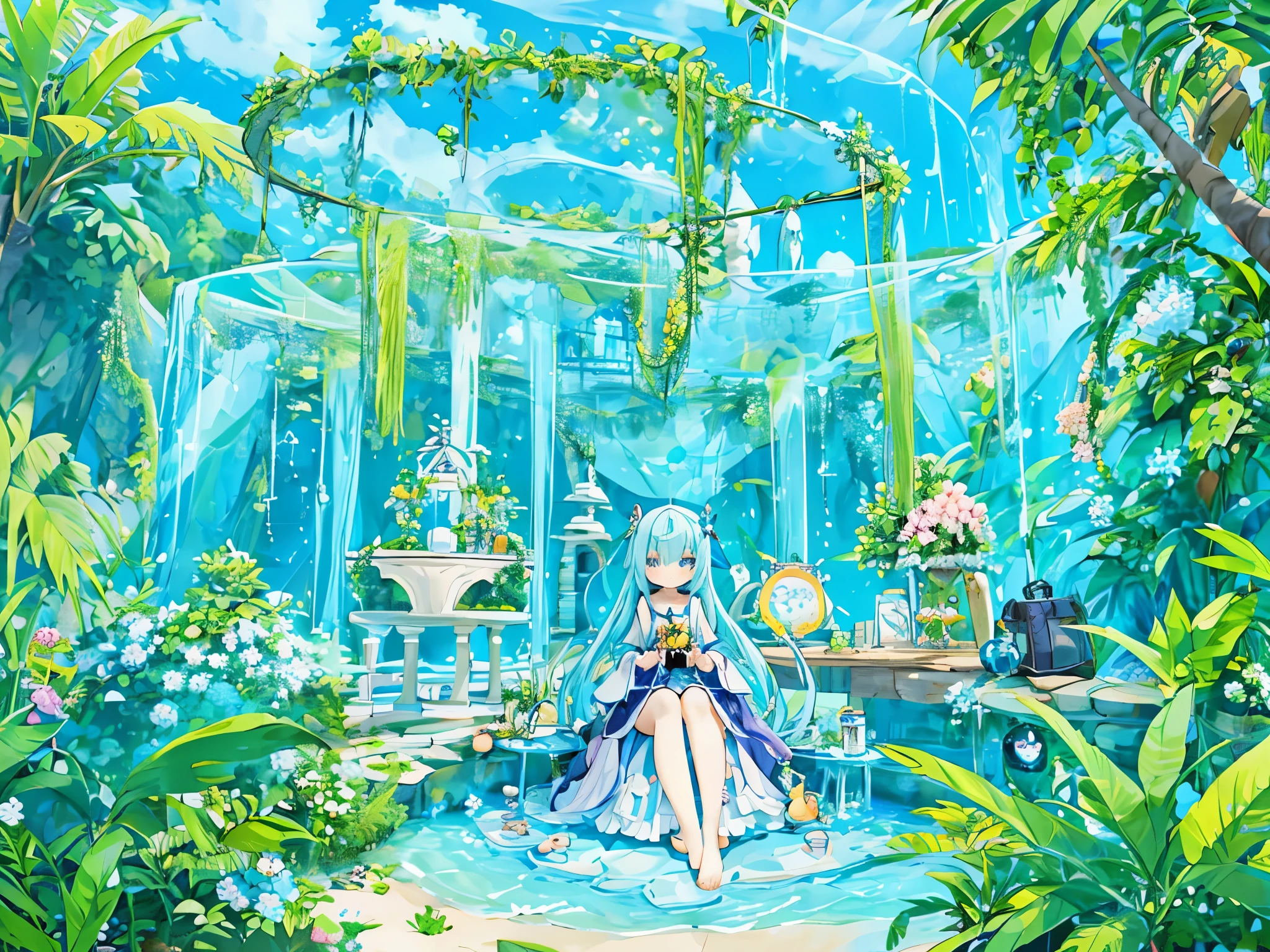 sitting composition、Valentese、cheerful girl、paradise、Traveling Girl、Alchemist、big bag and magic wand、There are many test drugs、High resolution、smile、magic stone hair ornament