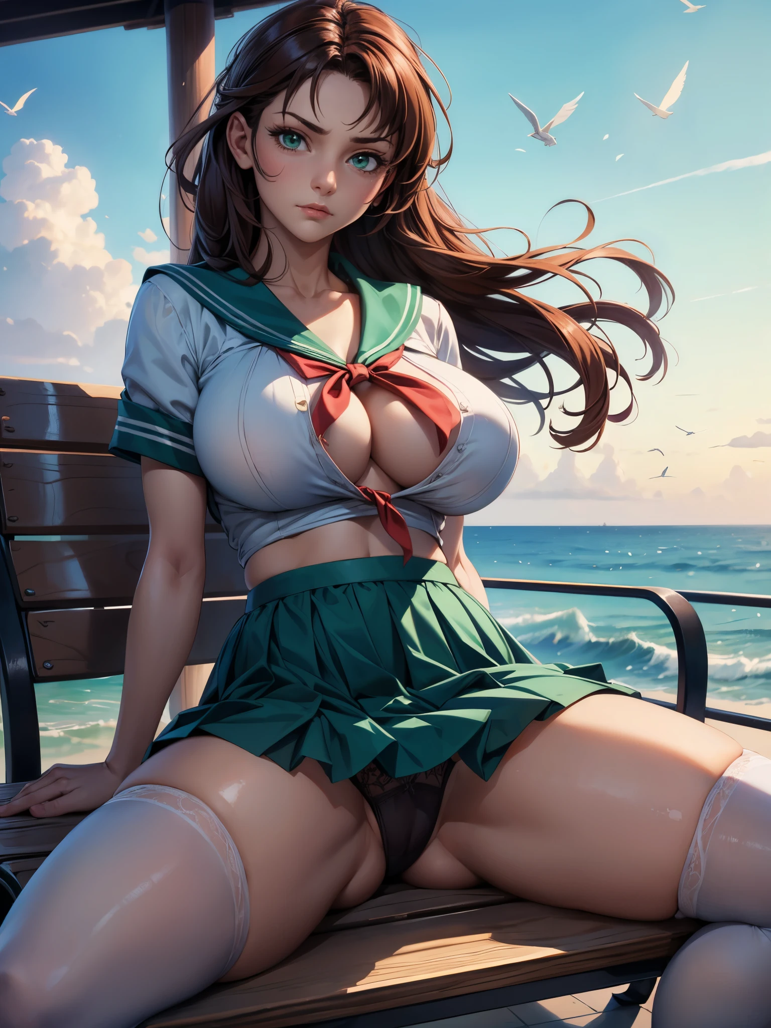 ((​masterpiece)), (top-quality), (detaileds), (1 rapariga), (Panchira:1.2), is sitting bench, Green Sailor Suit,, (a closed mouth:1.2), irate,Big breasts、Show underwear、Disgusting face、The wind twists the skirt and reveals underwear、spread legs,morning,