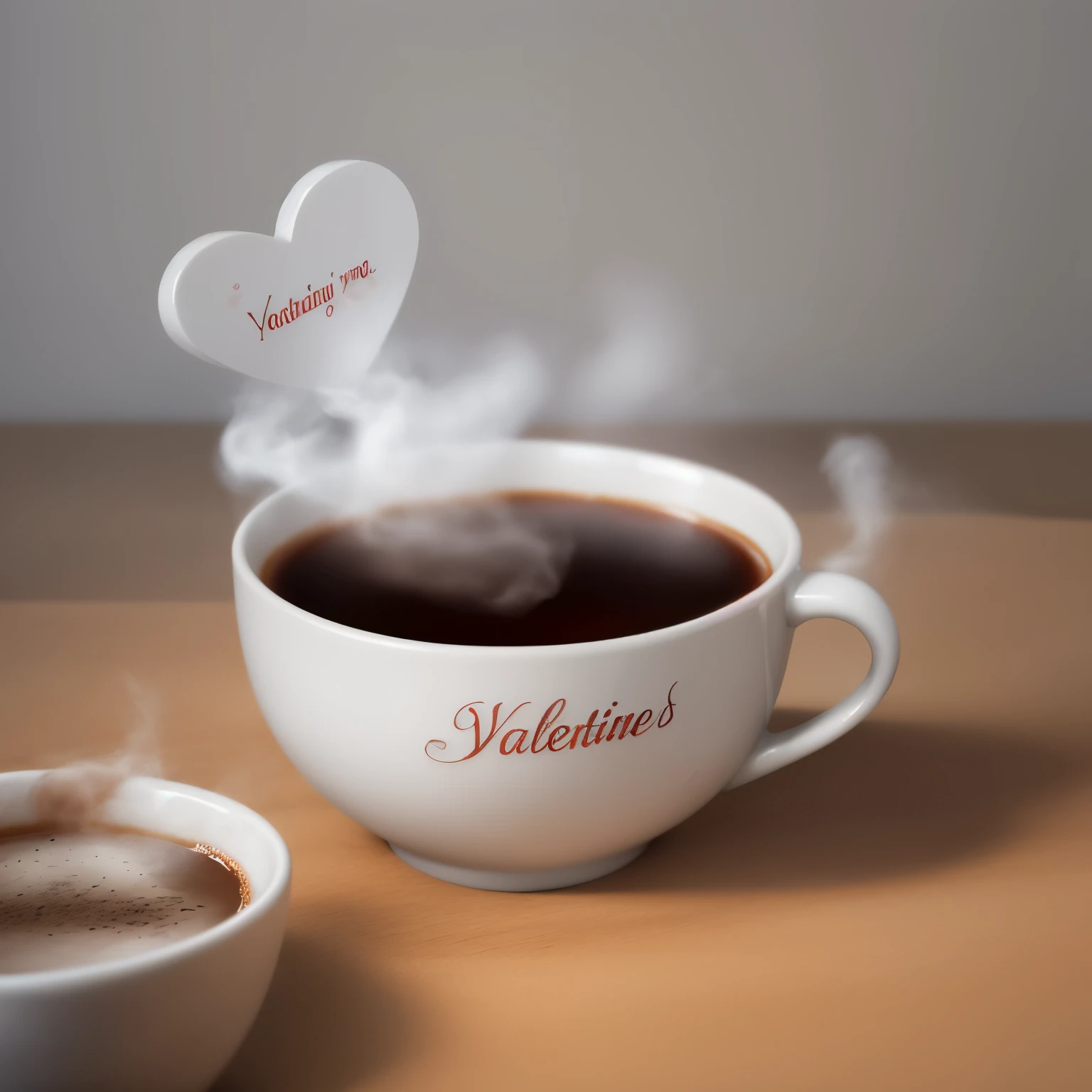 Valentine Lakeng A cup of hot coffee on the table with thin blur smoke rising to form the words" YOUR NAME" gray white background. photo realistic 3D With Dslr