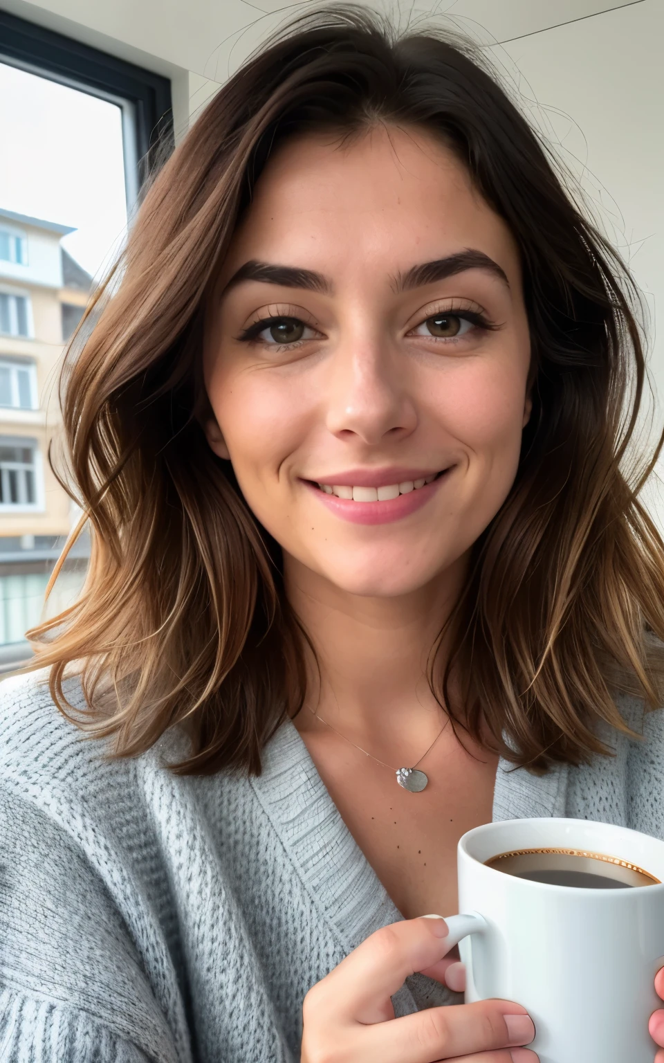 natural light brunette with beige sweater (Have a cup of coffee in a modern cafe as the sun sets), Sehr detailiert, 30 Jahre alt, Unschuldiges Gesicht, Natural wavy hair, blaue Augen, high resolution, Meisterwerk, best quality, Komplizierte Details, sehr detailliert, scharfer Fokus, detaillierte Haut, Realistisch skin Textur, Textur, detaillierte Augen, Fachmann, 4K, Charming smile, gefilmt in Canon, 85mm, shallow depth of field, Kodak Vision Color, Perfectly fitting body, extremely detailed, Foto_\(Ultra\), photoRealistisch, Realistisch, Nachbearbeitung, Maximale Detailgenauigkeit, Rauheit, wahres Leben, Ultra Realistisch, Fotorealismus, Fotografie, 8K UHD, Fotografie