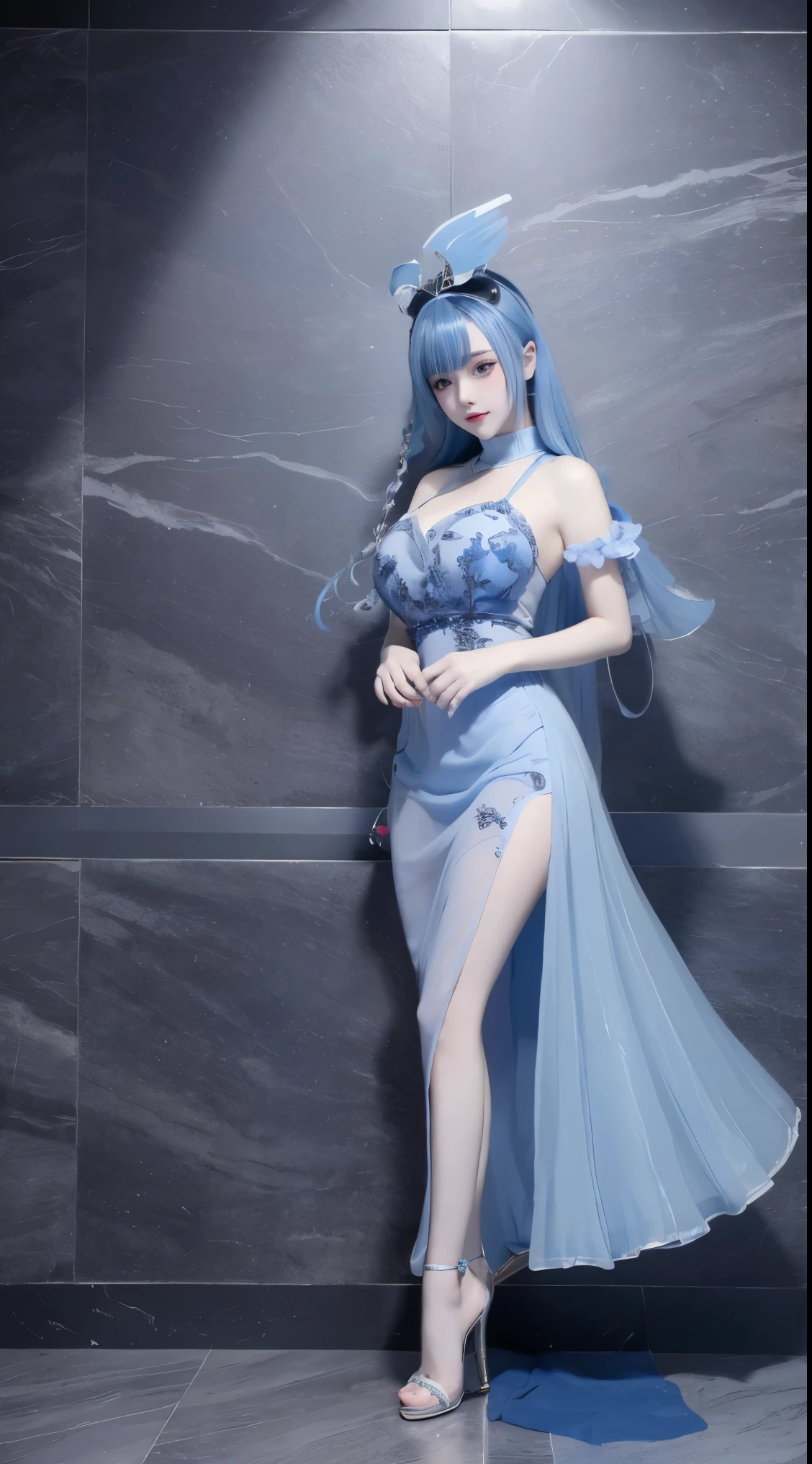 8K Ultra HD、Digital SLR Camera、soft light、high quality、Volumetric Lighting、frank、photo、high resolution、4K、8k、Bokeh,The eyes and face are very detailed,Clear eyes,Bright Eyes, Delicate lips, Smile shyly, Pretty Face,Oval face, Create stunning girl images, warm color, Very high color saturation,The legs look very long from the front,dynamic poses,Normal standing posture,black background,Chinese fairy tale women,Golden Ratio, Minimalism,Transparent and visible skin, Lavender clothing,Transparent silk long-sleeved Hanfu,Transparent underwear,Blue Hair、Gradient Hairstyle,Cleavage、Exposed breasts、sexy、very detailed breasts, d cup size,