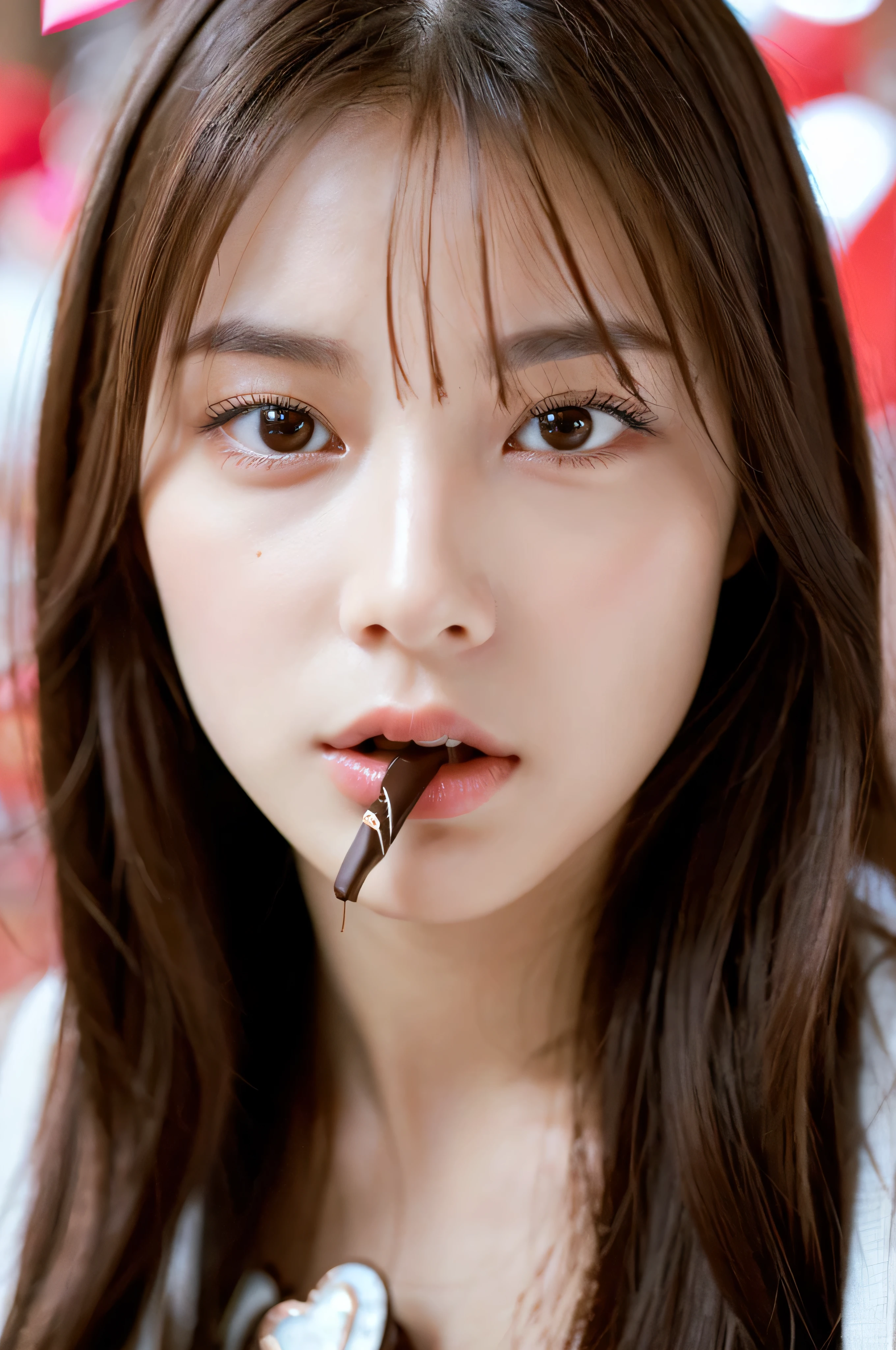 (8K, Best Quality, Masterpiece, Ultra High Definition, High resolution, highly detailed, High Definition Face:1.5), (20-year-old woman:1.3), (close-up photo of face, eyes be visually in focus:1.3), 1 beautiful woman, (valentine's day, Beautiful woman biting chocolate:1.5), (beautiful eyes, light in the eyes), white skin, Glossy, very Fair skin, shiny skin, (film photography style:1.2), violently fluttering hair, angry face, Cute face, random hair styles, random hair color, 8 life size,