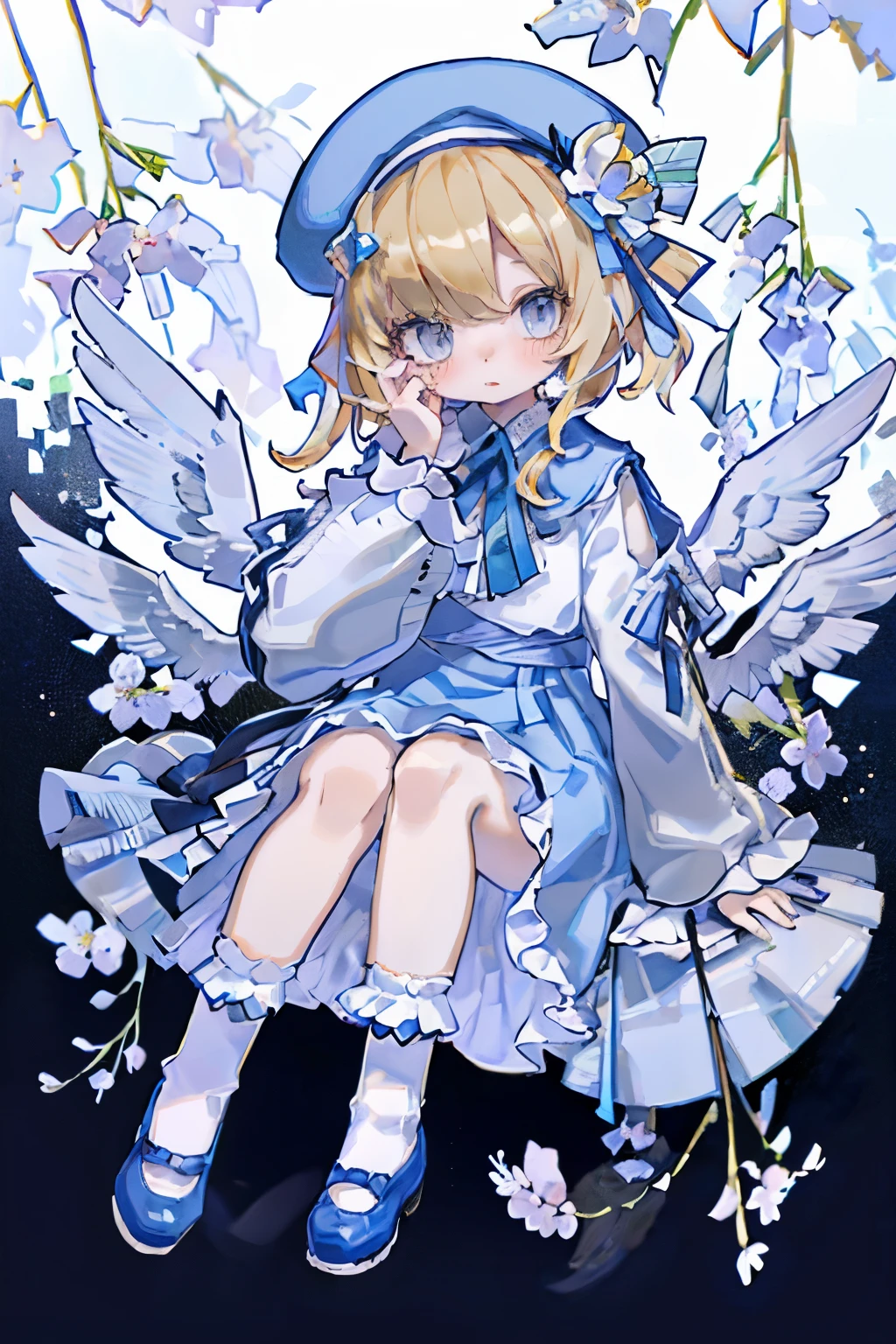 Uecla, 1girl in, Blonde hair, White background, hat, Dress, blue footwear, Wings, Simple background, signature, flower, nail polish, Wide sleeves, Long sleeves, blush, animal, white blossoms, Solo, Full body, Bird, Looking at Viewer, high-heels, hands on own cheeks, hand on own face, frilld, Bow, Bangs, bow ribbon, bell, blue headwear, +_+, sox, Short hair, grey  eyes, shoes, Blue Nails, Feathered wings, blue bow