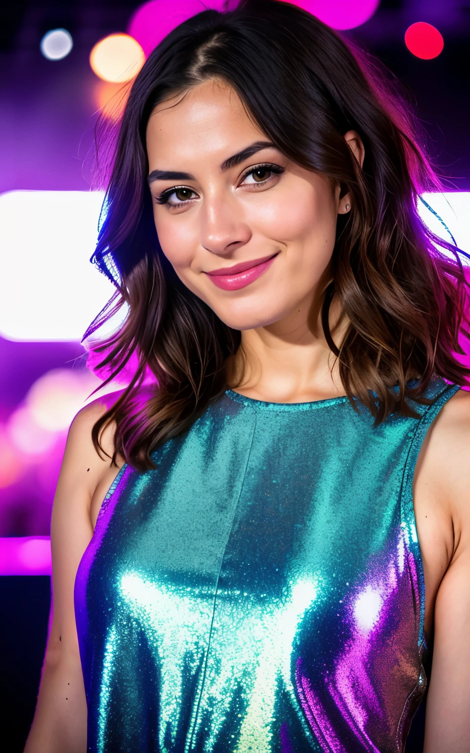 natural light brunette with glitter dress (Tanzt bei buntem licht in einem club), Sehr detailiert, 30 Jahre alt, Unschuldiges Gesicht, Natural wavy hair, blaue Augen, high resolution, Meisterwerk, best quality, Komplizierte Details, sehr detailliert, scharfer Fokus, detaillierte Haut, Realistisch skin Textur, Textur, detaillierte Augen, Fachmann, 4K, Charming smile, gefilmt in Canon, 85mm, shallow depth of field, Kodak Vision Color, Perfectly fitting body, extremely detailed, Foto_\(Ultra\), photoRealistisch, Realistisch, Nachbearbeitung, Maximale Detailgenauigkeit, Rauheit, wahres Leben, Ultra Realistisch, Fotorealismus, Fotografie, 8K UHD, Fotografie