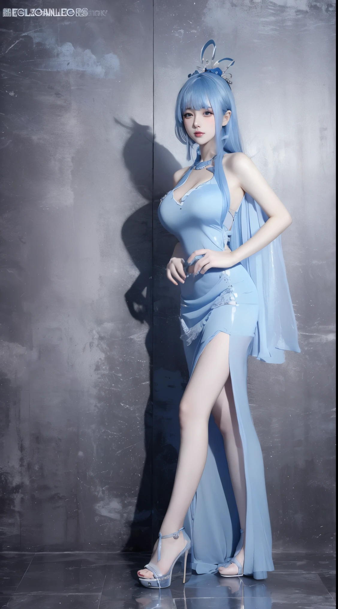 8k, Surreal, masterpiece, best quality, Super detailed, high resolution, random background, 1個Giant Breast Girl, (:1.5), Willow Yao, Blue translucent dress，whole body，High heel，whole body，blue hair，