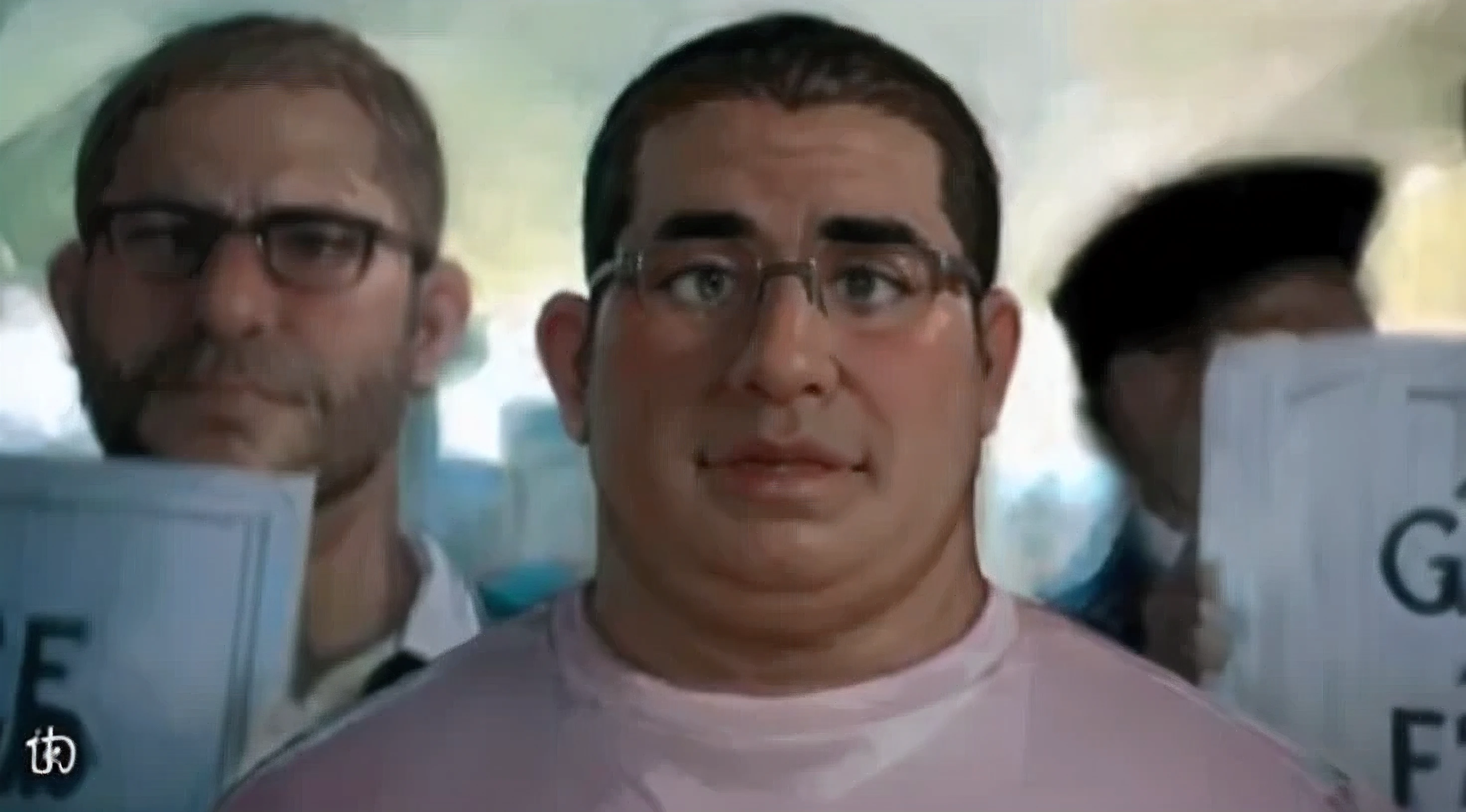 a close up of a man with glasses holding up signs, double chin, wide chin, human - shaped, round chin, huge chin, huge head tiny body,