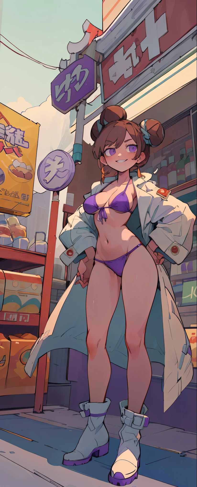 Masterpiece, 4k, details, extreme details, high resolution, 1 woman, his short legs, His light brown hair was tied into two buns... , purple eyes , sly face , smile , purple bikini , white cloth coat , abdomen, big breasts , Long legs , stand on your hips... , white boots , convenience store