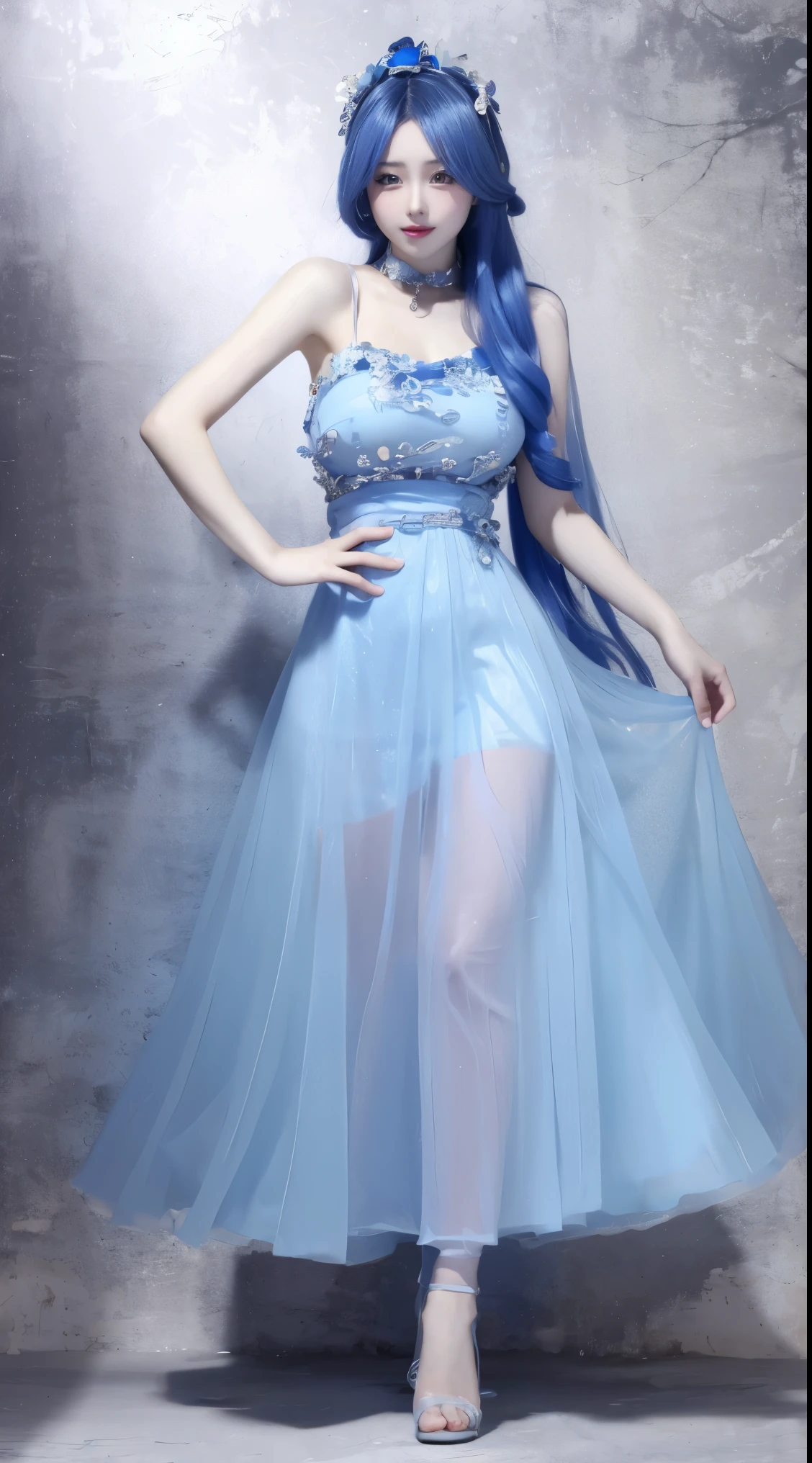 half 8k, Surreal, masterpiece, best quality, Super detailed, high resolution, random background, 1個Giant Breast Girl, (:1.5), Willow Yao, Blue translucent dress,whole body,High heel,whole body,blue hair,Blue translucent wedding dress