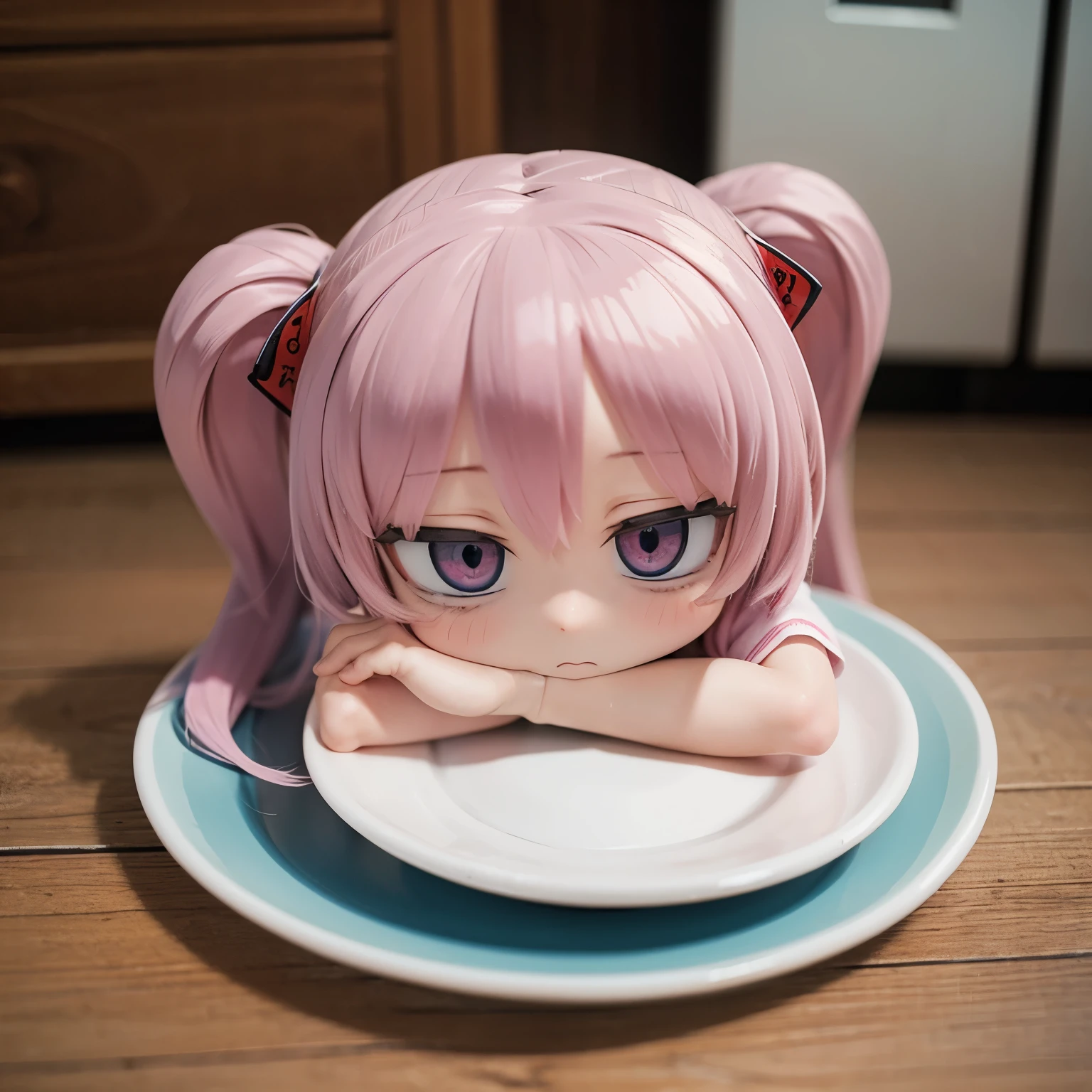 Photoreal、anime characters(chibi girl、shyness)a plate with