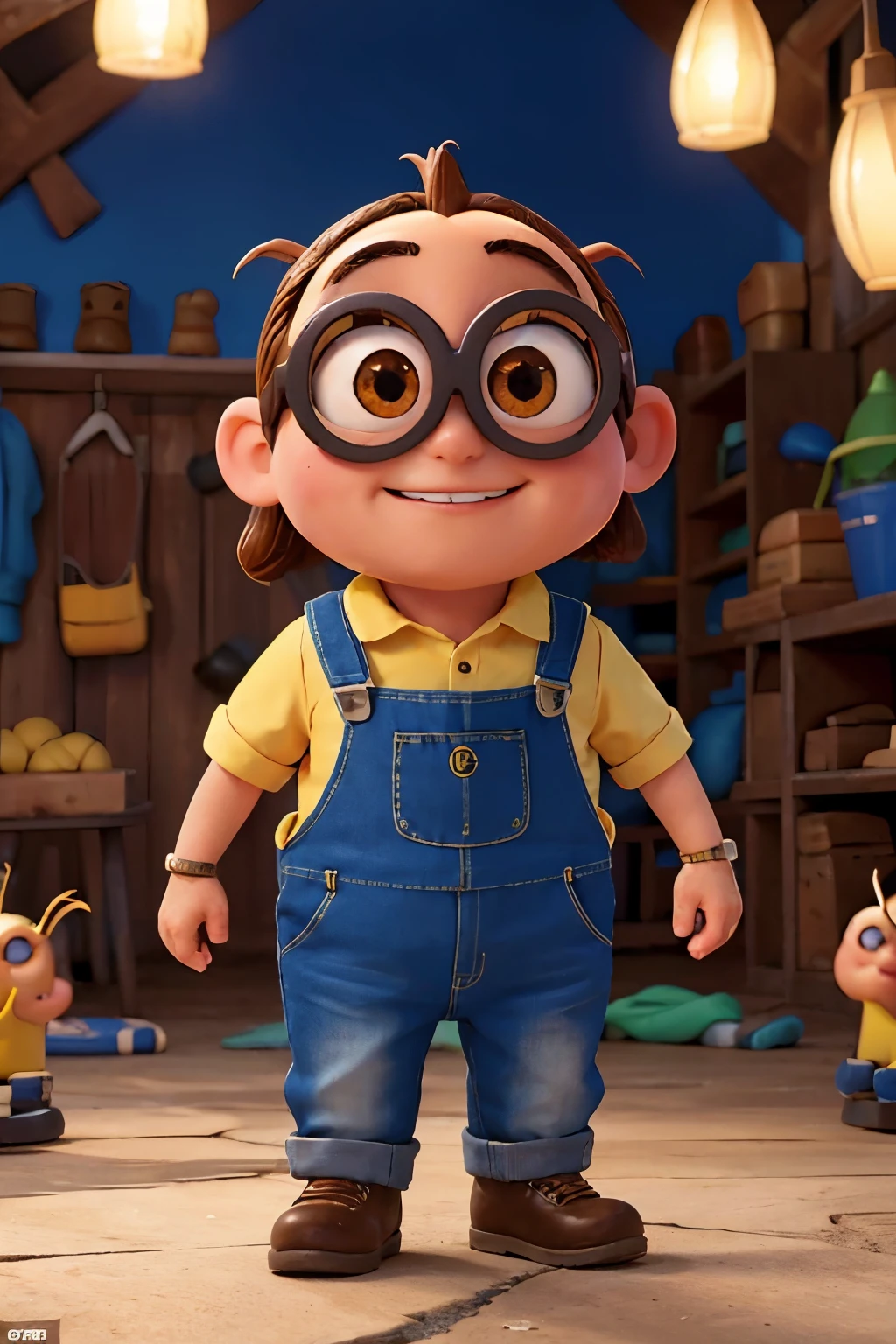 A delightful Minion character, dressed in its iconic yellow overalls, is playfully interacting with a lively swarm of ants. This high-definition, upscaled 4K image captures every intricate detail and vibrant color, bringing the Minion's joyful expression and the ants' busy movement to life in the best possible quality.