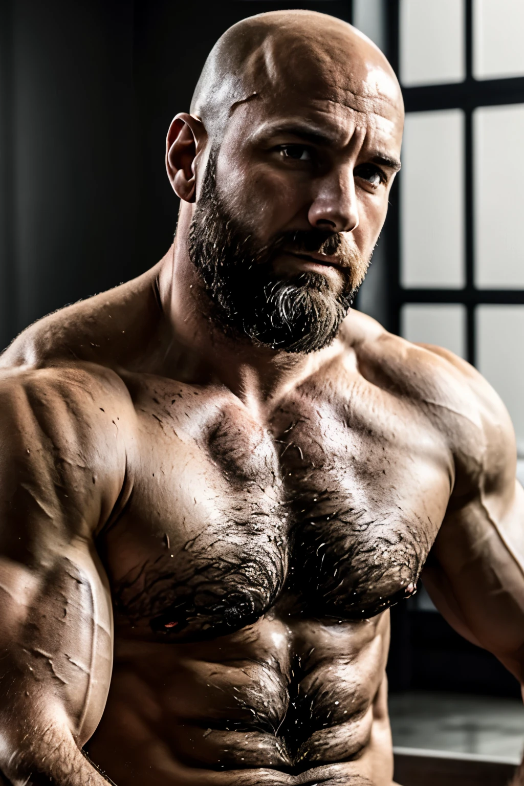 A muscular 40-year-old bald man portrait, wearing a white T-shirt and being naked, provocative, (best quality, 4k, highres, masterpiece:1.2), ultra-detailed, (realistic, photorealistic:1.37), strong body structure, defined muscles, intense gaze, rugged features, sculpted abs, dramatic lighting, seductive pose, vibrant colors, hiperrealism, 8k, bearded, Masculine.