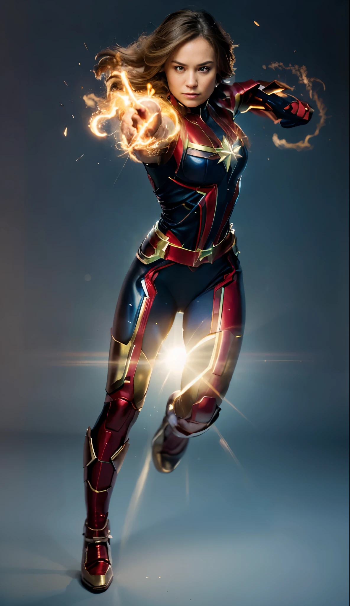 Digital comic book illustration by Clayton Crain, a 50 years old woman super hero wielding elemental powers, blond long straight hair, brown eyes, in a Captain Marvel's blue and red costume that reflects her abilities, simple background, strong contrasts, from a front angle, in a dynamic action scene, immersive atmosphere, full figure, full body, skin pore visible, (Very detailed RAW photo), (Extremely detailed skin, photorealistic, heavy shadow, dramatic and cinematographic lighting, Main light, Fill light), sharp focus, cinematographic, imperfect skin, Tissues, Textures, detailed face, detailed skin, detailed fingers, NaturalHand2-3500, analog film photo Deep photo, depth of field, Ferrania P30 Film, shadow, perfect face and body, low light, flash camera, washed-out film, desaturated, 35mm photo, grainy