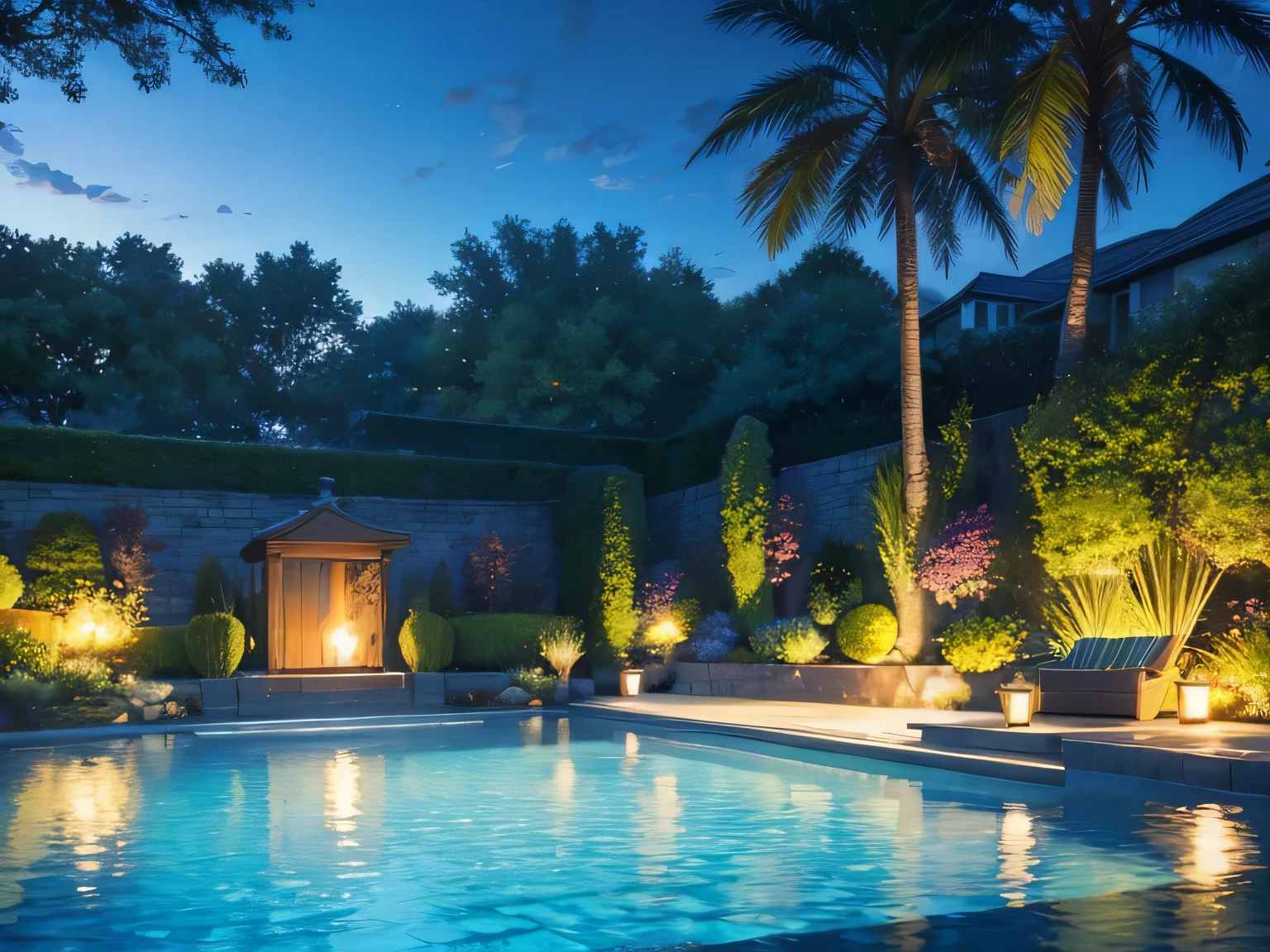 (high quality, realistic), vivid colors, colorful lighting, detailed water reflection, peaceful atmosphere, blue garden surroundings, gentle ripples, elegant swimming motion, serene expression