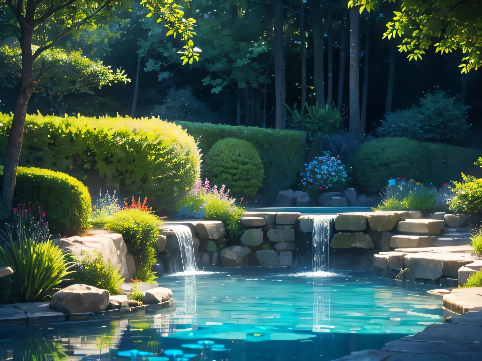 (high quality, realistic), vivid colors, colorful lighting, detailed water reflection, peaceful atmosphere, blue garden surroundings, gentle ripples, elegant swimming motion, serene expression