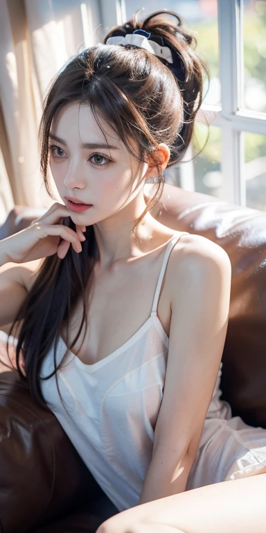 best qualtiy， tmasterpiece， 超高分辨率， realisticlying， 1girll， bshoulders， ssmile，Red ponytail，There is a mole in the corner of the eye