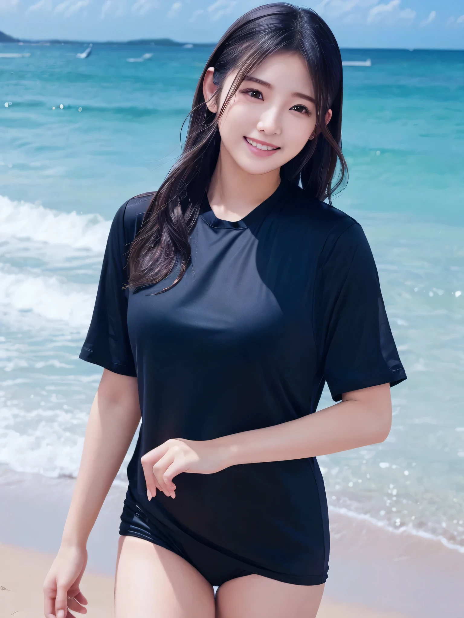 one woman、((highest quality、8K masterpiece:1.3))、sharp focus:1.2、(super beautiful face:1.0)、(shiny skin:1.0)、realistic pictures、black haired、video writing、High resolution eyes and face、video writing、(cute korean actress)、from the front、beautiful breasts、smile、The beauty of slender abs、whole body、wearing a see-through T-shirt、on the beach at night、nipple