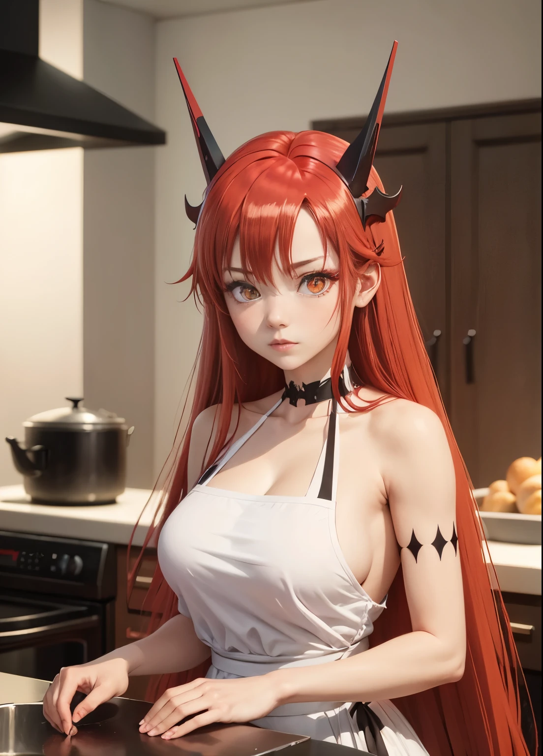 1 girl, long hair, red hair, 2 red horns, red orange eyes, large breast, only wearing white apron, inside kitchen, thick pubic hair, looking at viewers, perfect eyes, perfect eyes shape, perfect finger shape, the number of fingers is not excessive