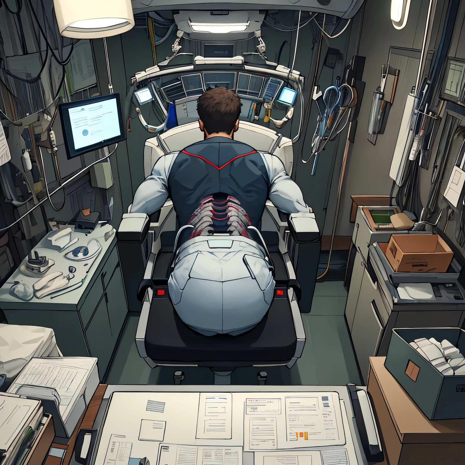 (a detailed scene,highres,portrait,medical setting),(a handsome detailed guy on an operation table receiving butt transplant)