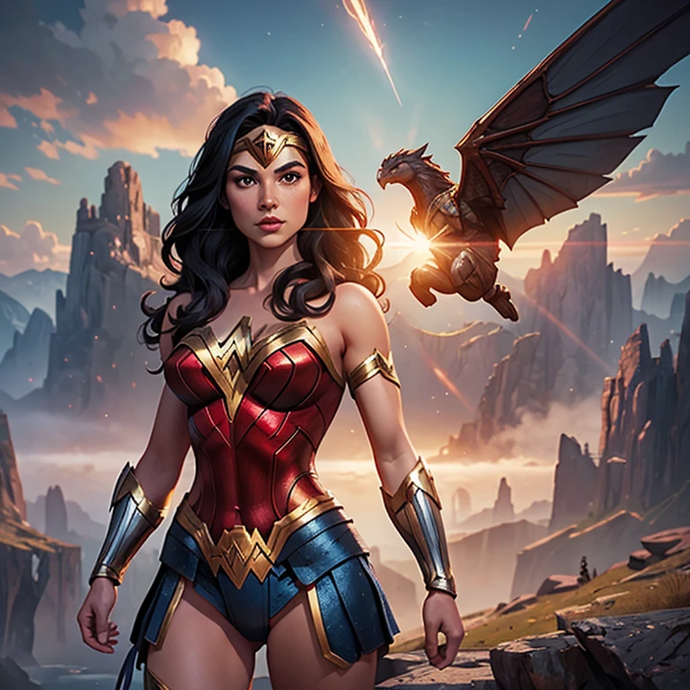 Hero from another realm akin to Wonder Woman. Striking landscape of fantastical proportions. By visionary illustrator.