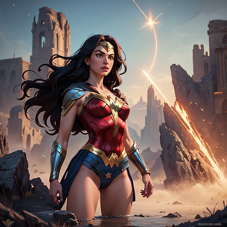 Hero from another realm akin to Wonder Woman. Striking landscape of fantastical proportions. By visionary illustrator.